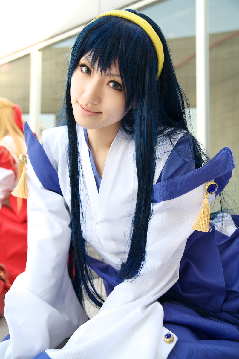saya (cosplayer), himemiya chikane, kannazuki no miko, highres, photo (medium), blue hair, cosplay, hairband, japanese clothes, miko, robe