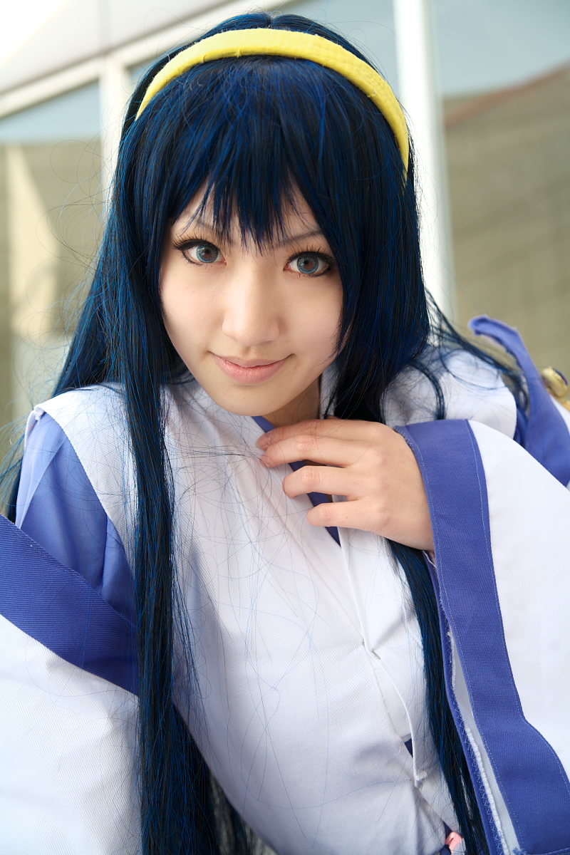 saya (cosplayer), himemiya chikane, kannazuki no miko, highres, photo (medium), blue hair, cosplay, hairband, japanese clothes, miko, robe