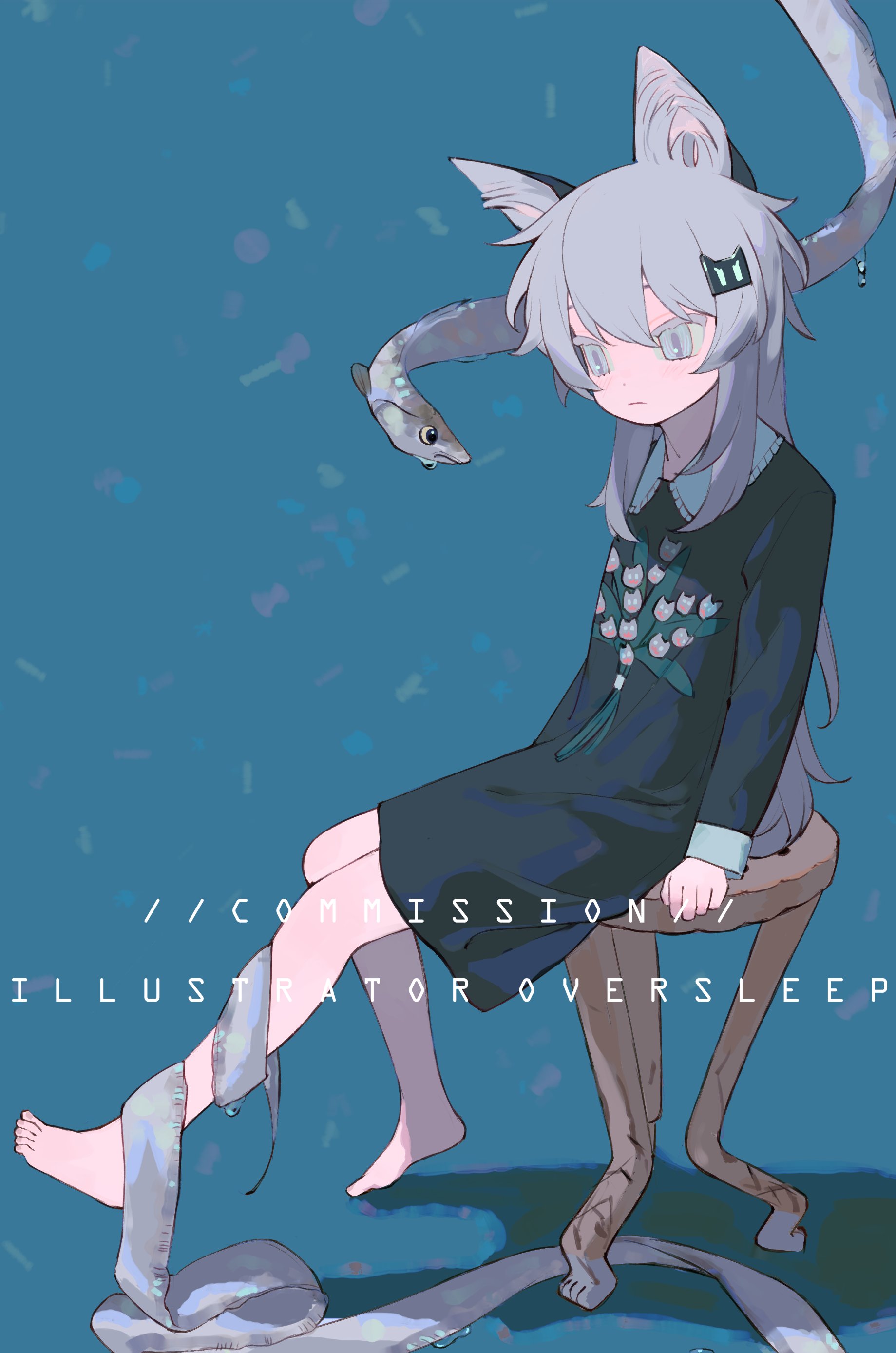 oversleep, original, absurdres, highres, 1girl, animal ear fluff, animal ears, barefoot, black dress, blue background, blue eyes, chair, closed mouth, dress, english text, expressionless, floral print, flower, full body, grey eyes, grey hair, hair between eyes, hair ornament, hairclip, long hair, long sleeves, on chair, sidelocks, simple background, sitting, snake, wolf ears