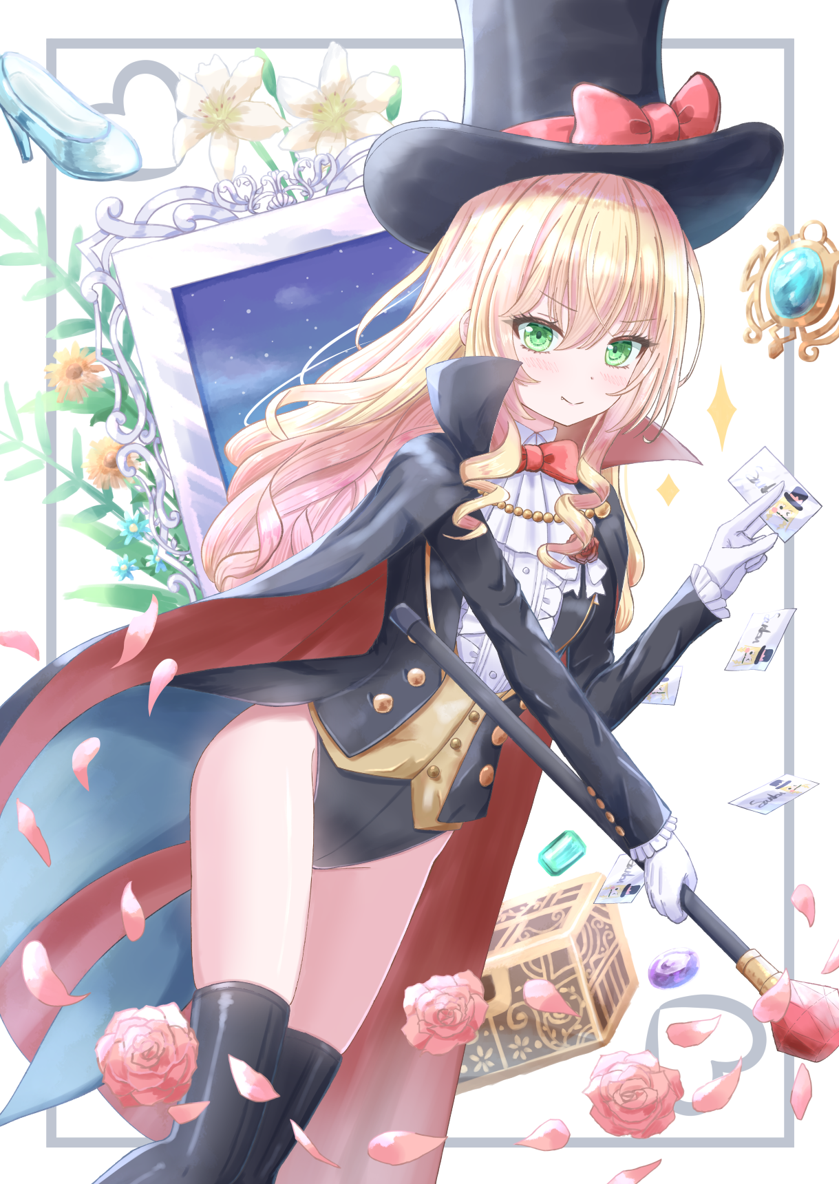 phantom thief (kkmomo67), 1girl, black leotard, blonde hair, bow, green eyes, hat, leotard, red bow, staff, top hat