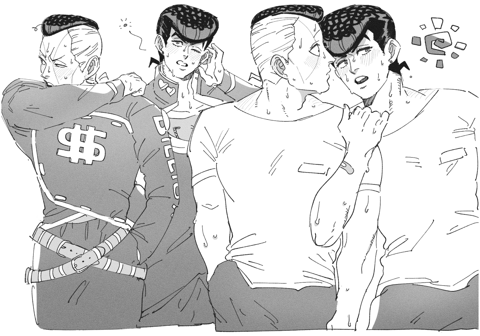 tirauraja, higashikata josuke, nijimura okuyasu, diamond wa kudakenai, jojo no kimyou na bouken, commentary request, highres, 2boys, arm up, bandaid, bandaid on arm, belt, belt buckle, blush, brooch, buckle, crew neck, facial mark, gakuran, greyscale, hand in pocket, heart, jacket, jewelry, long sleeves, looking back, male focus, monochrome, multiple belts, multiple boys, one eye closed, open clothes, open jacket, open mouth, pants, pompadour, school uniform, shirt, short hair, short sideburns, shoulder blush, sideways glance, simple background, squeans, summer, sun, sweat, t-shirt, teeth, upper teeth only, very sweaty, white background, wiping face, zipper