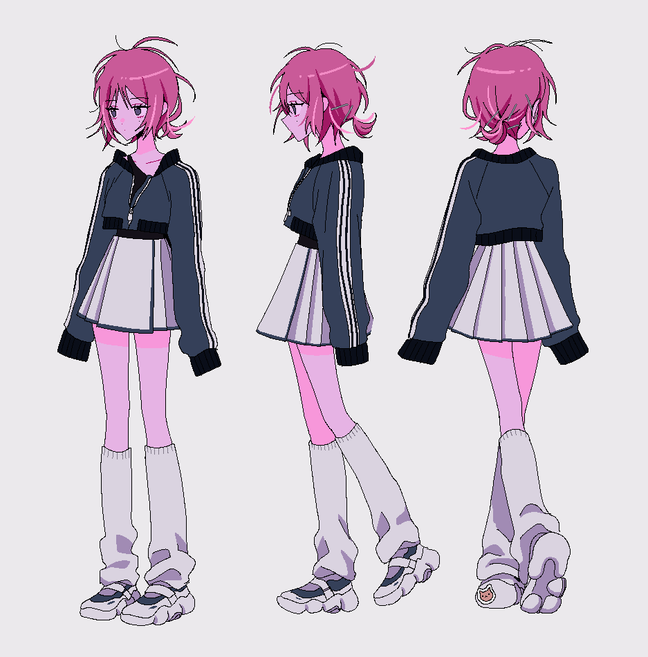 myon (tokipi), nira-chan, zutto mayonaka de ii no ni, commentary, concept art, official art, symbol-only commentary, 1girl, alternate costume, alternate footwear, alternate hairstyle, arms at sides, black jacket, black shirt, closed mouth, collarbone, cropped jacket, from behind, from side, grey eyes, hair between eyes, hair ornament, hairpin, jacket, kaiba seichoutsuu (zutomayo), loose socks, low ponytail, messy hair, miniskirt, multicolored hair, multiple views, nira-chan (kaiba seichoutsuu) (zutomayo), pink hair, pleated skirt, ponytail, reference sheet, shirt, shoes, short hair, short ponytail, simple background, skirt, sleeves past fingers, sleeves past wrists, socks, standing, streaked hair, very long sleeves, white background, white shoes, white skirt, white socks