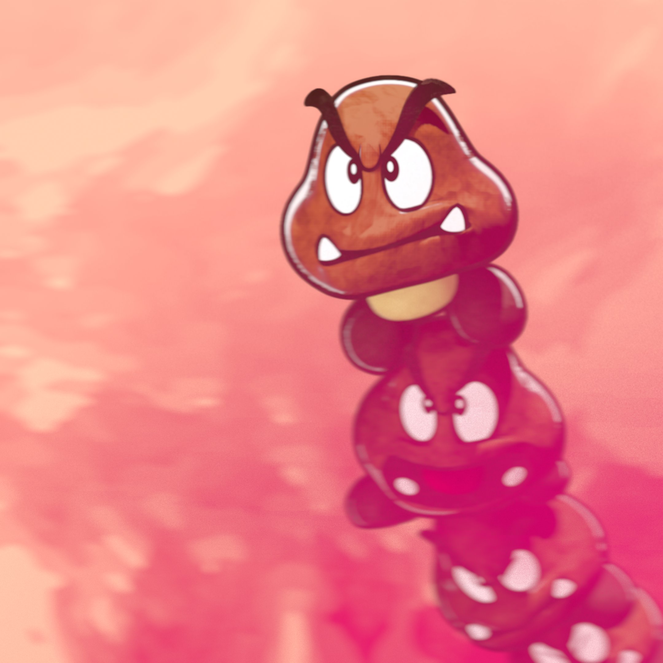 goomba, goomba tower, mario (series), nintendo, commentary, english commentary, highres, above clouds, blurry, closed mouth, cloud, fangs, iiikeducks, no humans, open mouth, stack, v-shaped eyebrows