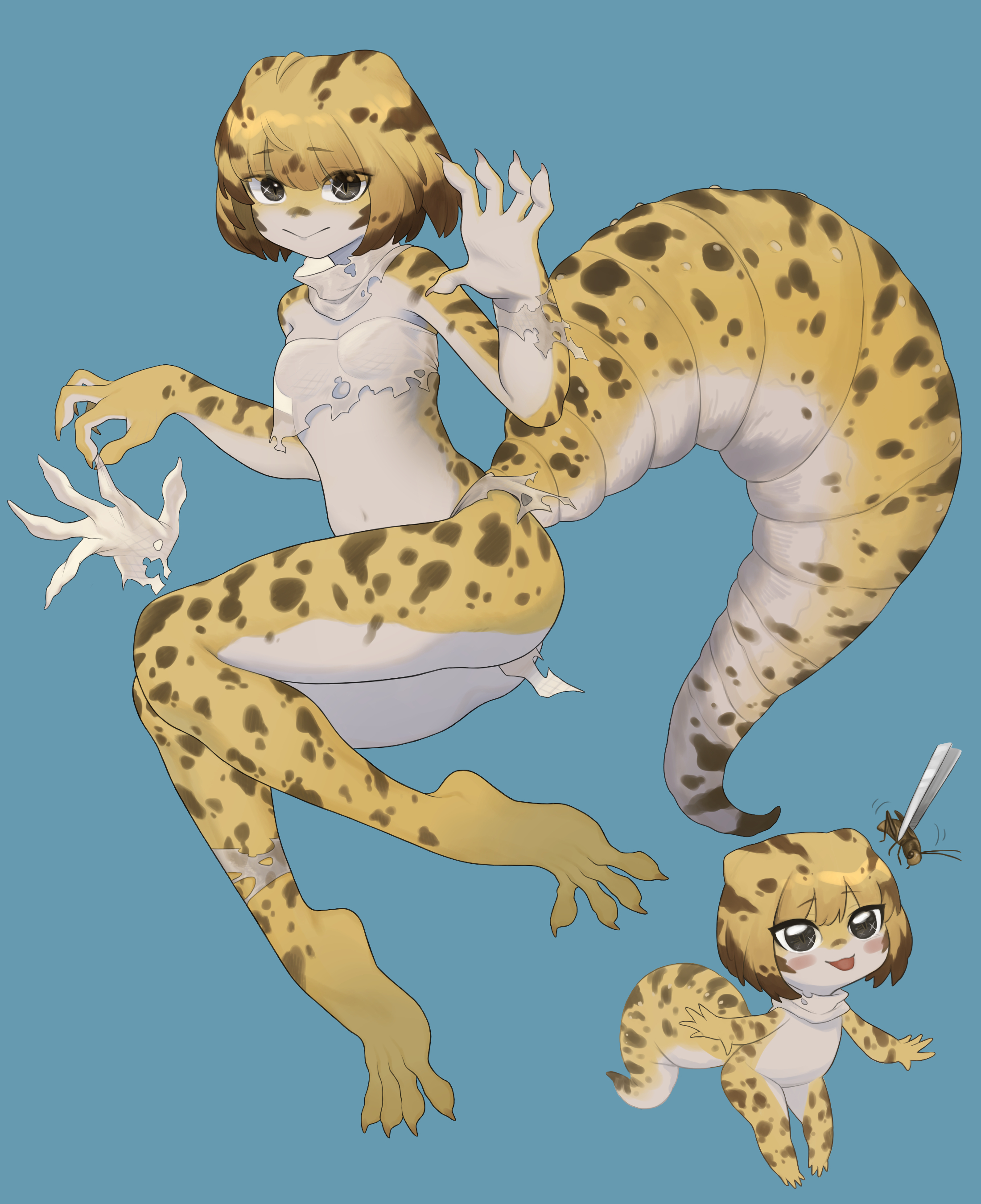 daon (kenta111881), original, absurdres, commentary request, highres, 1girl, :>, aqua background, arm up, blonde hair, blush stickers, breasts, brown eyes, brown hair, clawed hands, cleavage, colored skin, completely nude, cricket, dark skin, full body, glint, gloves, gradient hair, holding, holding gloves, holding unworn clothes, lizard tail, medium hair, monster girl, multicolored hair, multicolored skin, navel, nude, reptile girl, ribs, shirt, simple background, single glove, slit pupils, small breasts, solo, spotted skin, stomach, tail, tongue, tongue out, torn clothes, torn shirt, torn skin, tweezers, unworn gloves, white gloves, white skin, yellow claws, yellow skin