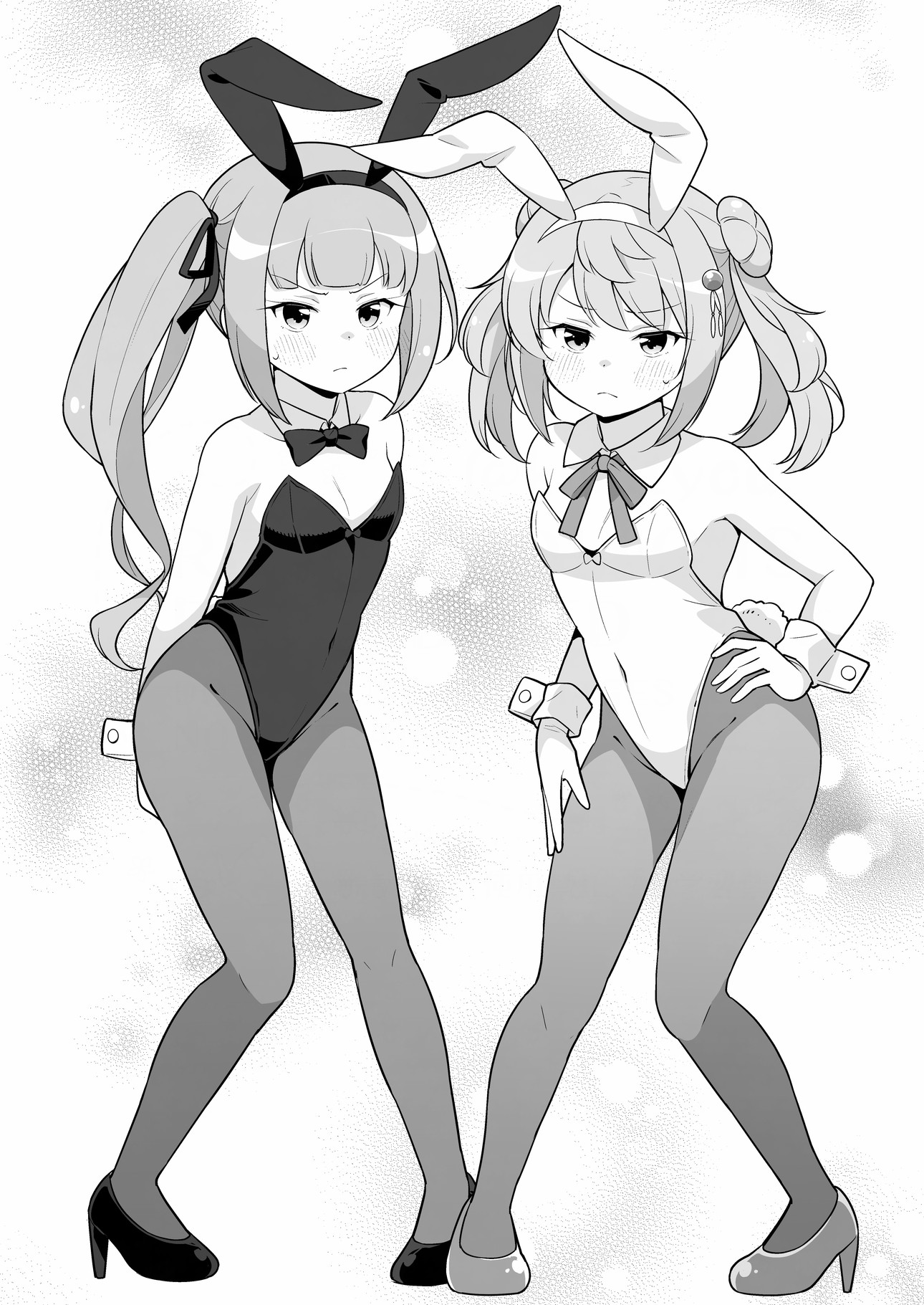 tenshin amaguri (inobeeto), kasumi (kancolle), michishio (kancolle), kantai collection, highres, >:(, 2girls, alternate costume, animal ears, bare shoulders, blush, bow, bowtie, breasts, closed mouth, covered groin, covered navel, detached collar, double bun, fake animal ears, full body, greyscale, hair bun, hair ribbon, hairband, hand on own hip, high heels, leotard, logo, long hair, looking at viewer, monochrome, multiple girls, pantyhose, playboy bunny, rabbit ears, rabbit tail, ribbon, shoes, short twintails, side ponytail, small breasts, small sweatdrop, strapless, strapless leotard, sweat, tail, traditional bowtie, twintails, v-shaped eyebrows, very long hair, white background, wing collar, wrist cuffs