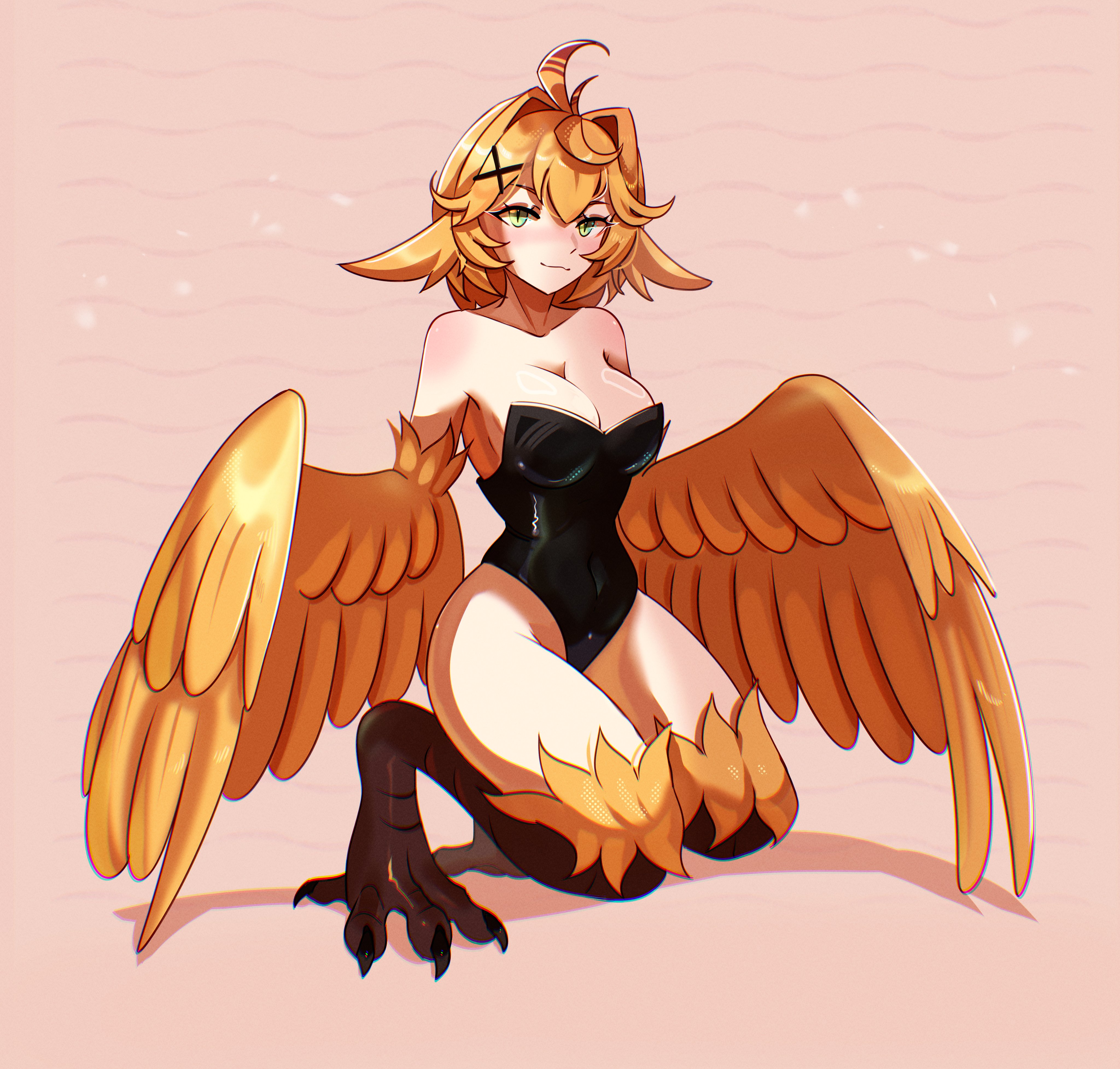 unreal fish, dokibird, indie virtual youtuber, absurdres, commentary, highres, 1girl, ahoge, animal ears, bare shoulders, bird ears, bird legs, black leotard, blonde hair, blush, breasts, cleavage, covered navel, feather hair, feathered wings, green eyes, hair between eyes, hair intakes, harpy, leotard, long hair, looking at viewer, medium breasts, monster girl, monsterification, short hair, simple background, solo, squatting, talons, virtual youtuber, winged arms, wings