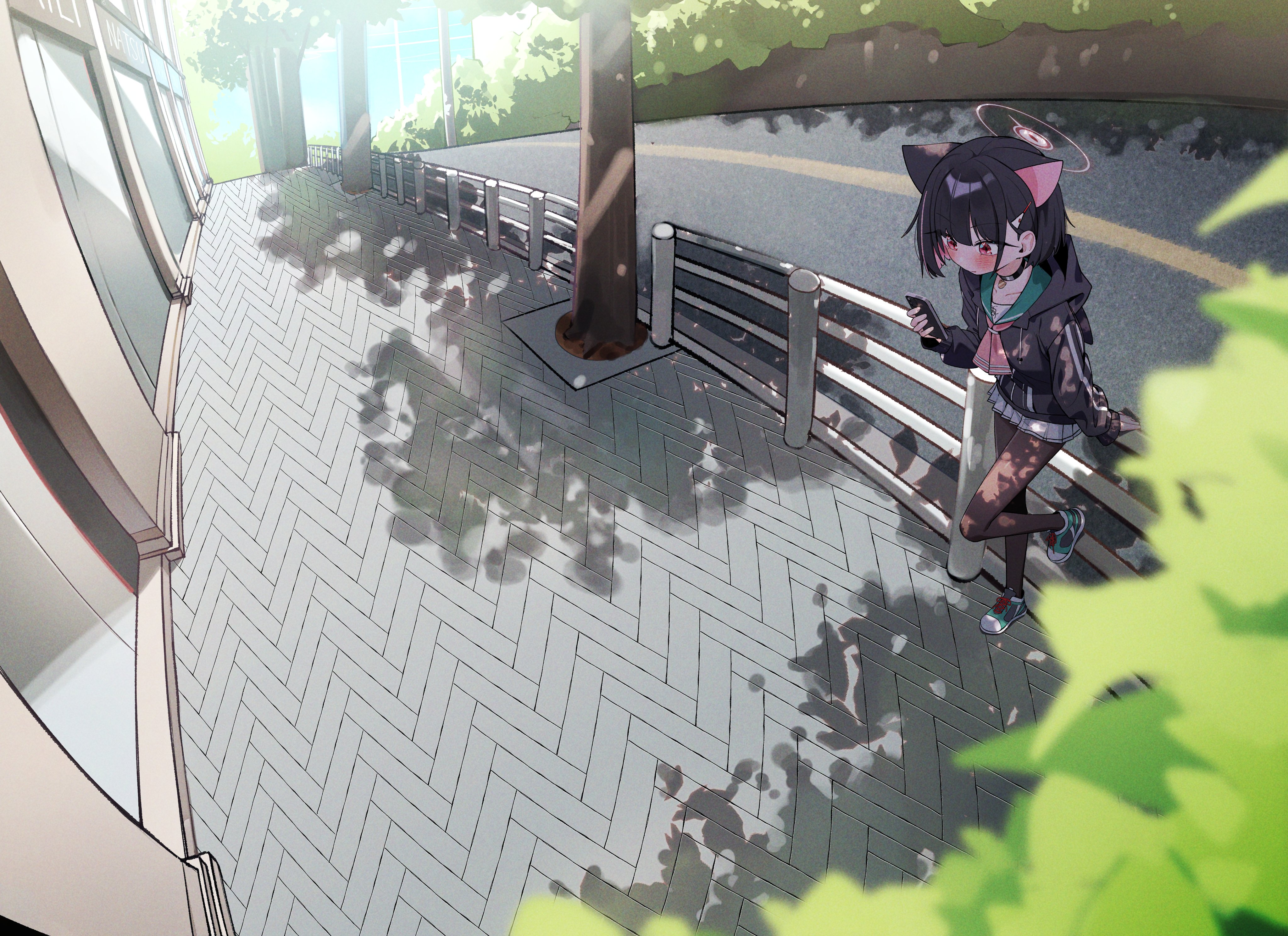 whonyang, kazusa (blue archive), blue archive, absurdres, highres, 1girl, against railing, animal ears, black hair, bloom, blush, building, cat ears, cellphone, collar, colored inner hair, fisheye, glass door, hair ornament, hairpin, halo, hood, hoodie, leaf, multicolored hair, pantyhose, phone, pink streaks, pleated skirt, railing, red eyes, road, school uniform, shadow, shirt under hoodie, shoes, short hair, sidewalk, skirt, smartphone, sneakers, solo, street, tree, two-tone hair