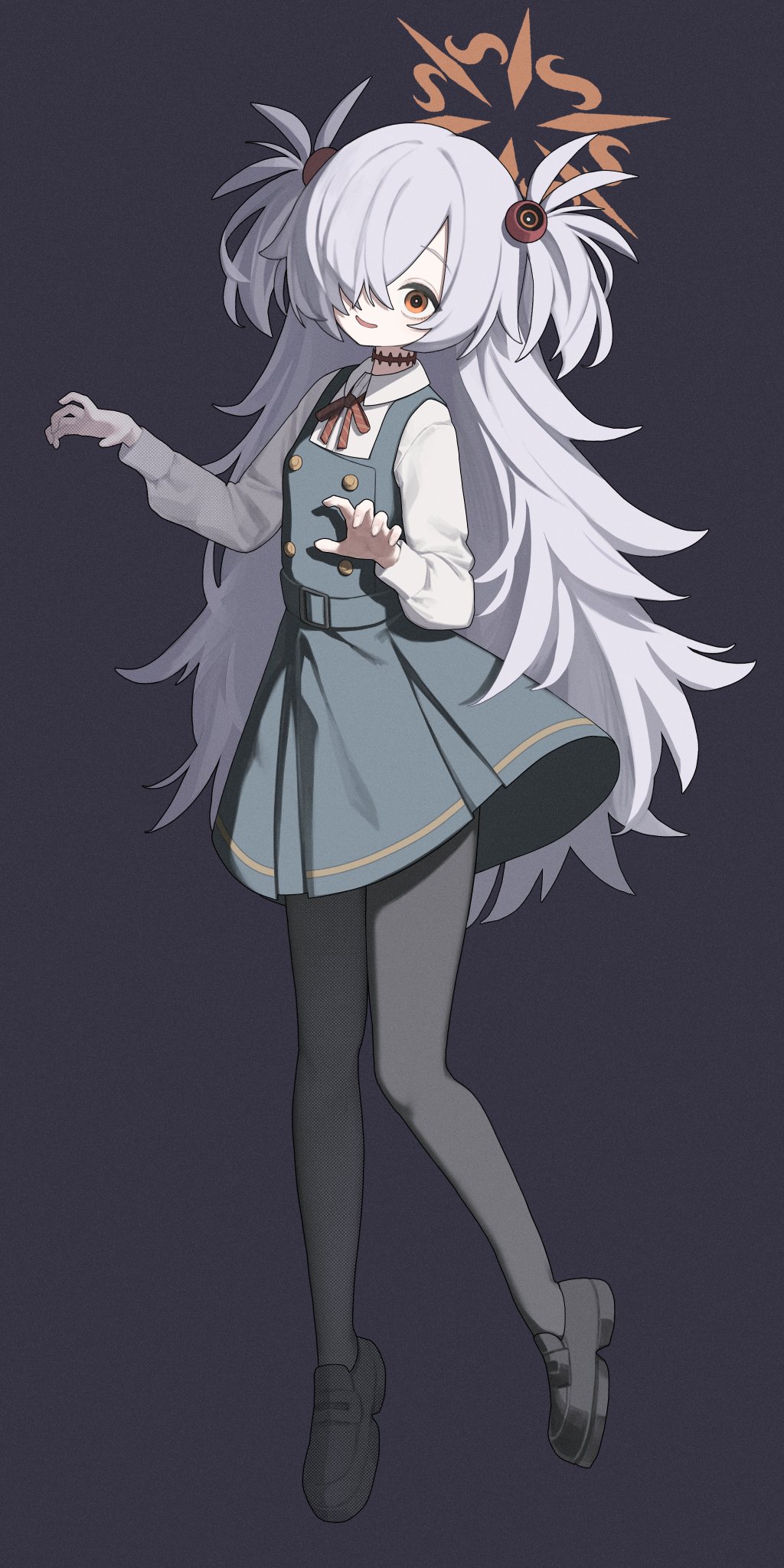 sztxra, kanoe (blue archive), blue archive, highres, 1girl, black dress, black pantyhose, black shoes, diagonal-striped ribbon, dress, full body, grey hair, hair over one eye, halo, loafers, long hair, long sleeves, looking at viewer, neck ribbon, open mouth, orange eyes, pantyhose, pinafore dress, red ribbon, ribbon, shirt, shoes, simple background, sleeveless, sleeveless dress, solo, two side up, very long hair