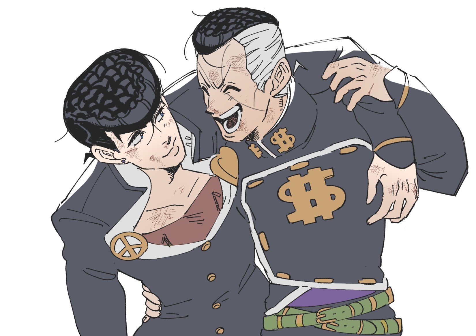 tirauraja, higashikata josuke, nijimura okuyasu, diamond wa kudakenai, jojo no kimyou na bouken, commentary, highres, symbol-only commentary, 2boys, ^ ^, arm around neck, arm around waist, arm up, belt, belt buckle, black hair, black jacket, brooch, brown shirt, bruise, bruise on face, buckle, buttons, closed eyes, collared jacket, cowboy shot, ear piercing, earrings, gakuran, green belt, hand on another's arm, heart, injury, jacket, jewelry, looking at another, looking to the side, male focus, multicolored hair, multiple belts, multiple boys, open clothes, open collar, open jacket, open mouth, peace symbol, piercing, pompadour, popped collar, school uniform, shirt, short hair, sideways glance, simple background, smile, teeth, two-tone hair, white background