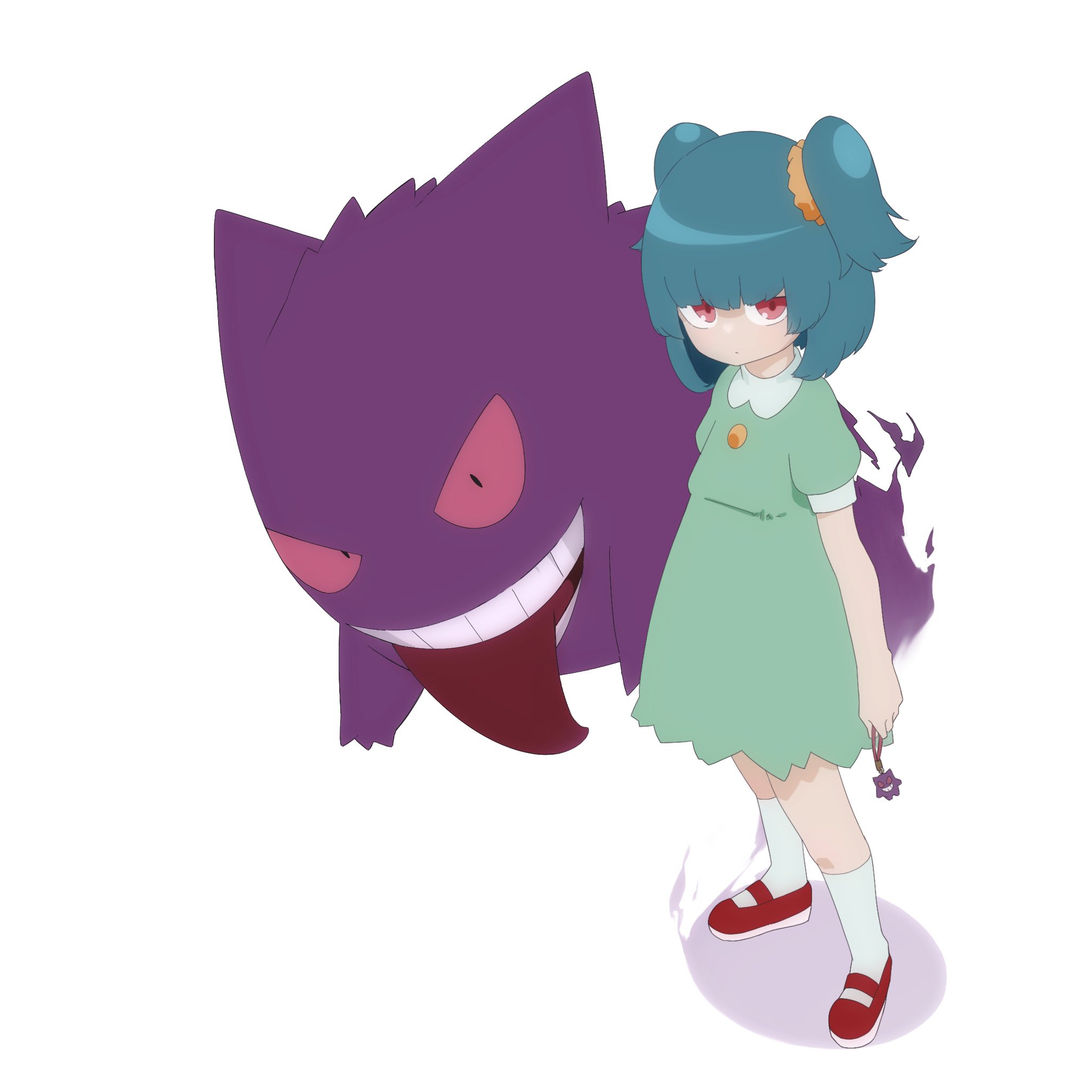 vividnatadecoco, gengar, hilary (pokemon), nintendo, pokemon, pokemon (anime), poketoon, highres, 1girl, :d, blue hair, charm (object), collared dress, dress, gen 1 pokemon, green dress, kneehighs, looking at viewer, open mouth, pink eyes, puffy short sleeves, puffy sleeves, red eyes, red shoes, shadow, shoes, short sleeves, simple background, smile, socks, standing, tongue, tongue out, two side up, white background, white socks