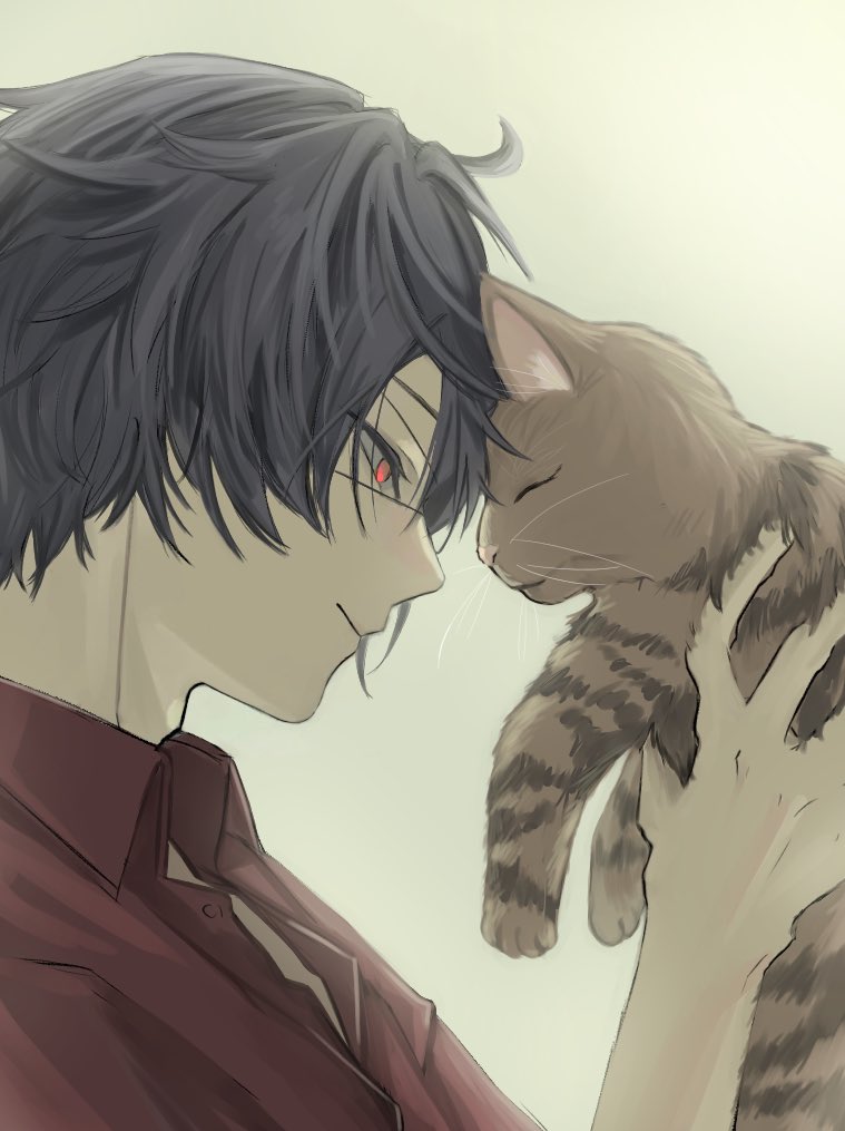 shinbashi (ooe), ooe (game), 1boy, animal, black hair, cat, closed mouth, collared shirt, from side, holding, holding animal, holding cat, lapu all1n0ne, looking at animal, male focus, profile, red eyes, red shirt, shirt, short hair, simple background, smile, solo, upper body
