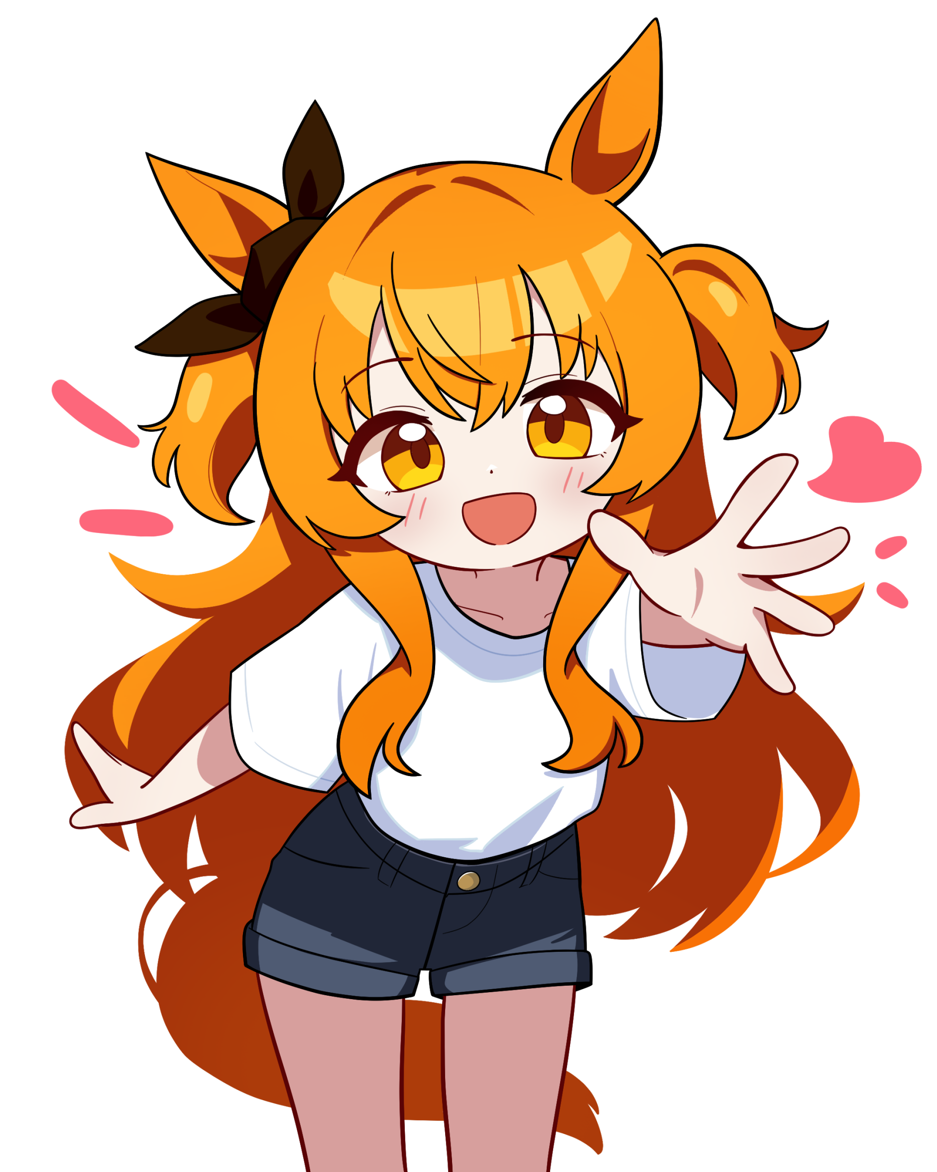 jorang (jorang08), mayano top gun (umamusume), umamusume, commentary request, highres, korean commentary, 1girl, :d, animal ears, blush, bow, collarbone, cowboy shot, denim, denim shorts, dot nose, ear bow, ear ribbon, flat chest, hair ribbon, heart, horse ears, horse girl, horse tail, long hair, looking at viewer, notice lines, open mouth, orange eyes, orange hair, orange tail, outstretched arm, reaching, reaching towards viewer, ribbon, shirt, shirt tucked in, short sleeves, shorts, simple background, smile, solo, standing, tail, two side up, white background, white shirt