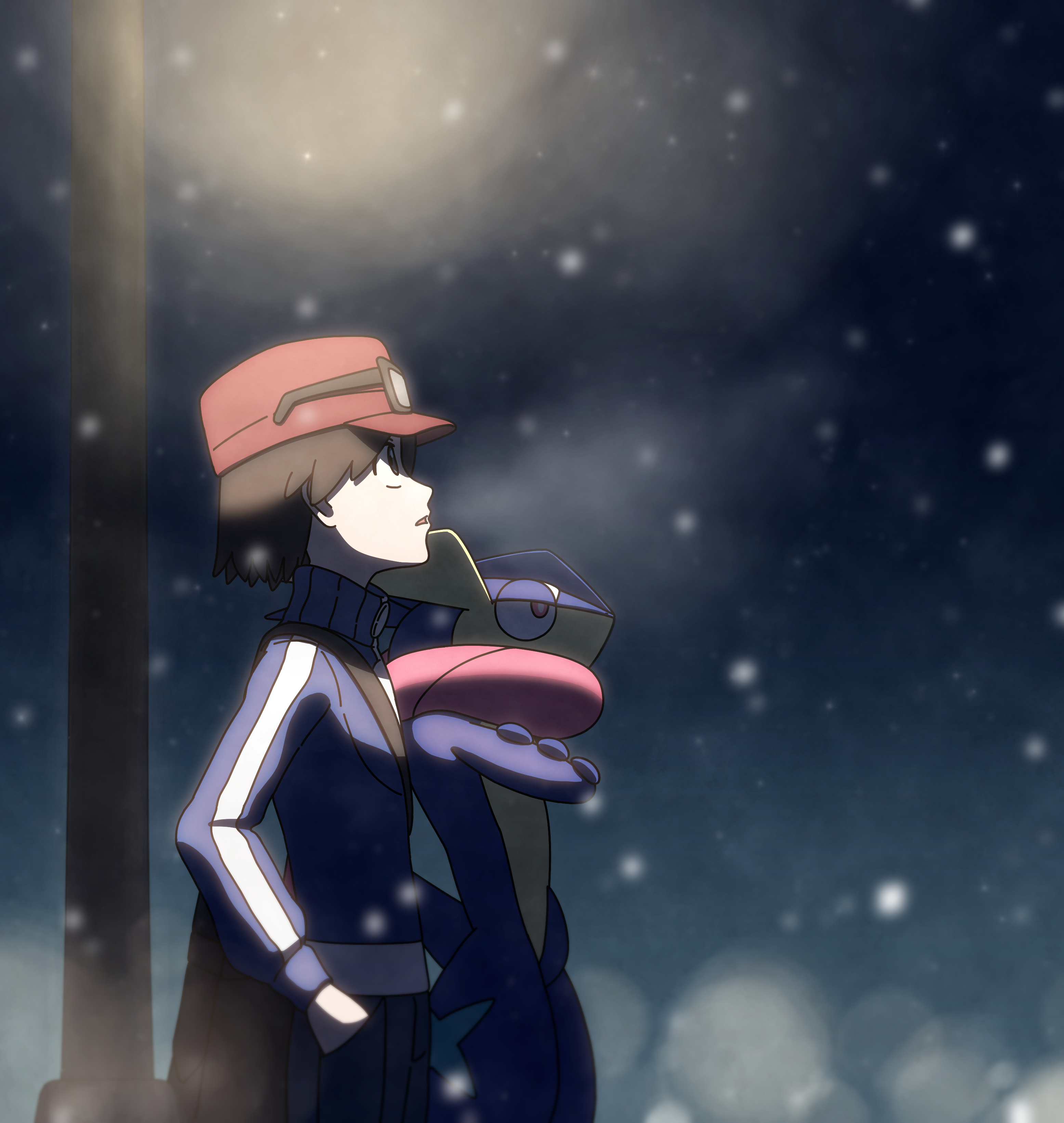 feiyang02, calem (pokemon), greninja, nintendo, pokemon, pokemon xy, absurdres, highres, 1boy, bag, black-framed eyewear, blue jacket, blurry, brown hair, eyewear on headwear, from side, gen 6 pokemon, hand in pocket, hands in pockets, hat, jacket, lamppost, long sleeves, looking up, male focus, night, outdoors, pants, pokemon (creature), short hair, shoulder bag, snowing, sunglasses, turtleneck, turtleneck jacket