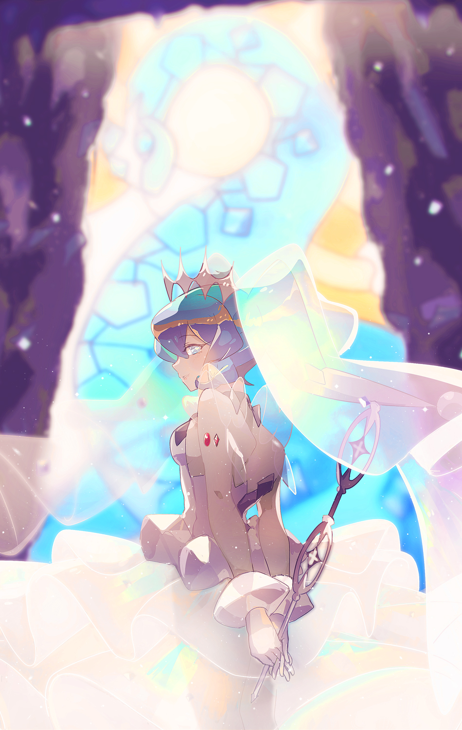 hikusa, hatsune miku, rock miku (project voltage), nintendo, pokemon, project voltage, vocaloid, highres, 1girl, arms behind back, blue eyes, blurry, closed mouth, dress, gloves, holding, holding wand, looking at viewer, looking back, solo, stained glass, veil, wand, white dress, white gloves
