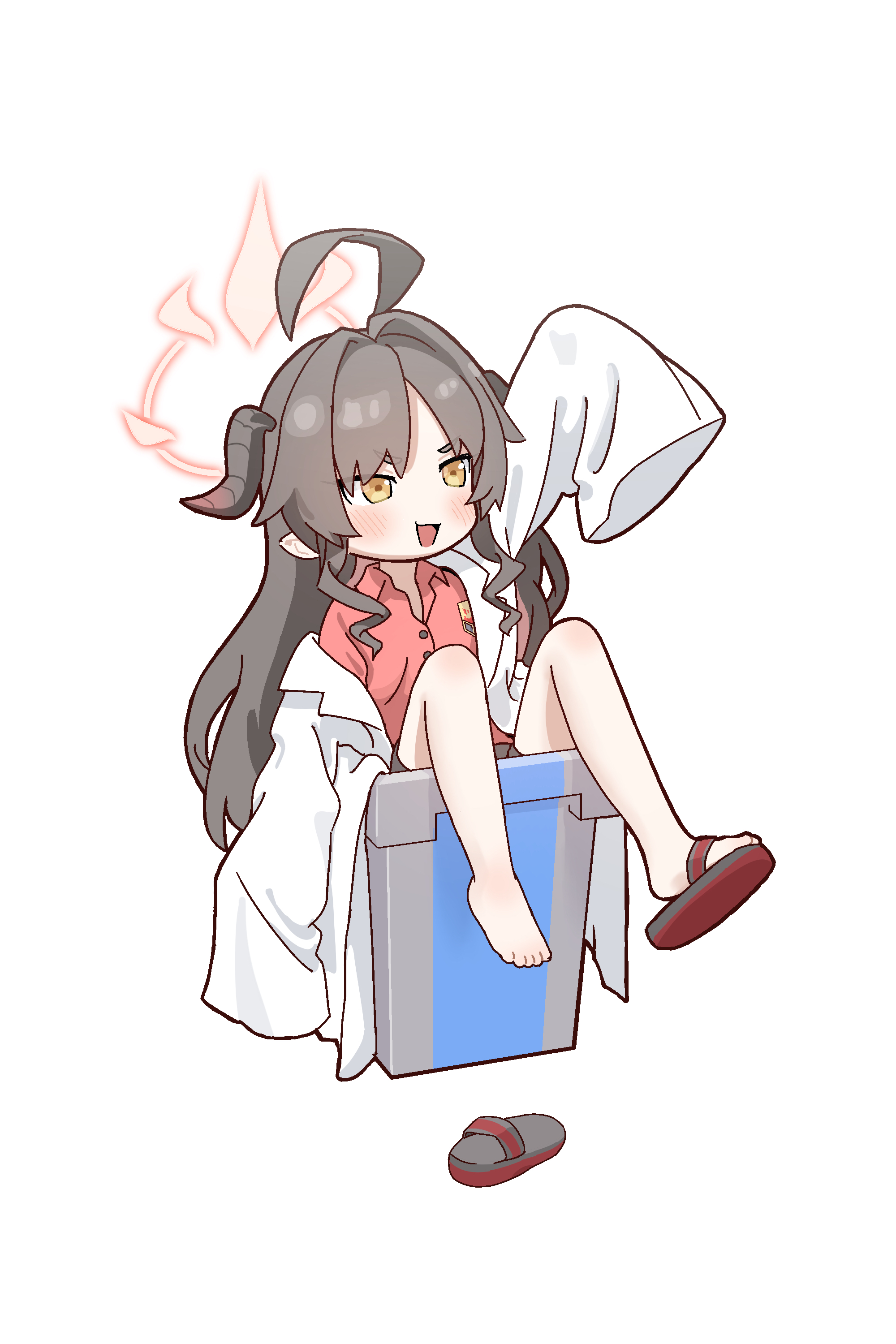 shimotsu., kasumi (blue archive), blue archive, absurdres, commentary, highres, 1girl, ahoge, black hair, blush, chibi, chibi only, coat, collared shirt, halo, horns, in container, in trash can, lab coat, long hair, open clothes, open coat, open mouth, red shirt, sandals, shirt, shoes, simple background, single bare foot, single shoe, sleeves past fingers, sleeves past wrists, solo, trash can, very long hair, white background, white coat, yellow eyes
