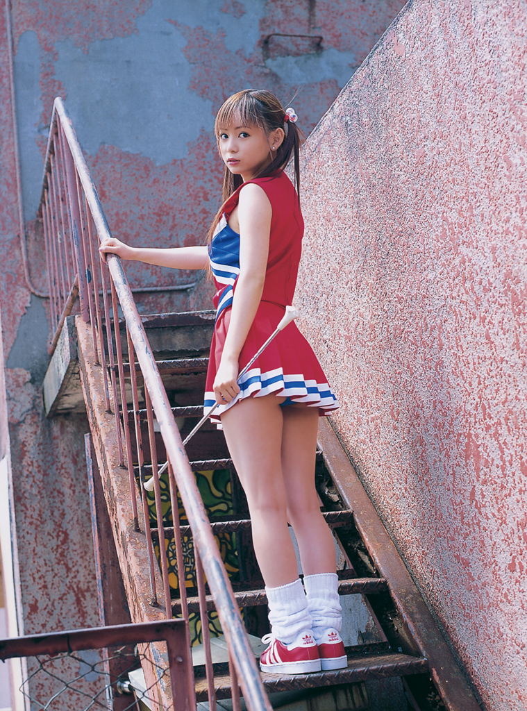nakagawa shoko, adidas, baton, photo (medium), asian, ass, blue panties, cheerleader, hair bobbles, hair ornament, looking back, loose socks, panties, pantyshot, rooftop, shoes, sneakers, socks, stairs, twintails, underwear