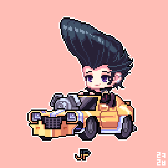 iloccorb9, jp (redline), redline, commentary request, korean commentary, 1boy, black hair, black jacket, car, character name, chibi, closed mouth, convertible, driving, full body, jacket, long hair, looking ahead, male focus, motor vehicle, outline, pink background, pixel art, pompadour, purple eyes, raised eyebrows, sideburns, simple background, smile, solo, trans am 20000 wr (redline), white outline
