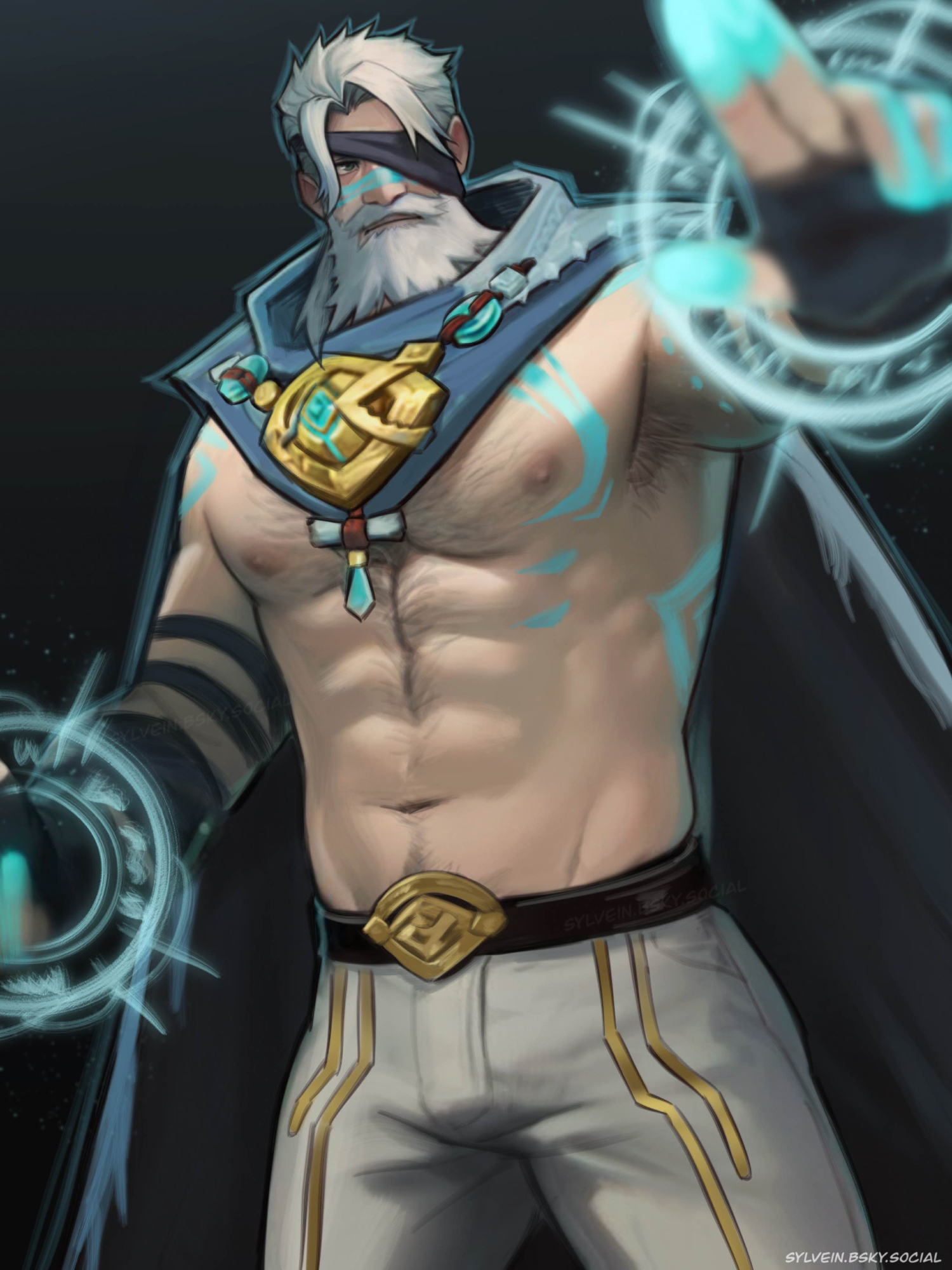 sylvein, doctor strange, doctor strange (series), marvel, marvel rivals, commentary, english commentary, highres, 1boy, abs, bara, beard, blue cape, cape, closed mouth, eyepatch, facial hair, magic circle, male focus, muscular, muscular male, navel, nipples, no shirt, official alternate costume, old, old man, pants, pectorals, topless male, white hair, white pants