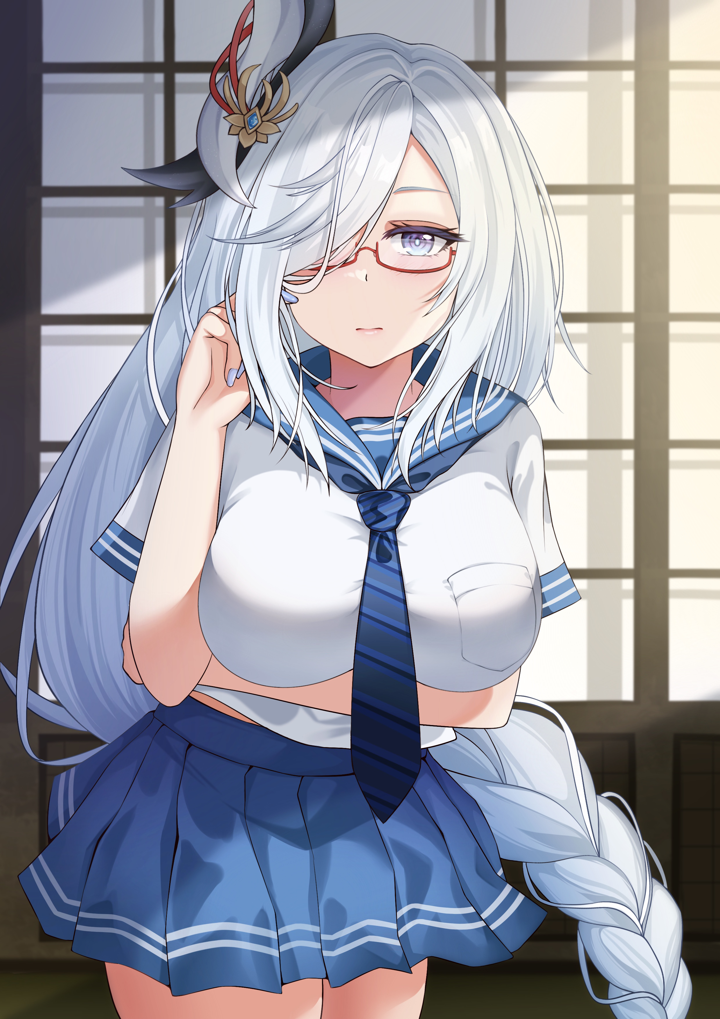 ahisazon, shenhe (genshin impact), genshin impact, absurdres, commentary, highres, 1girl, alternate costume, arm under breasts, bespectacled, blue necktie, blue sailor collar, blue skirt, breasts, closed mouth, contemporary, cowboy shot, glasses, hair ornament, hair over one eye, large breasts, long hair, looking at viewer, low-braided long hair, low-tied long hair, midriff peek, necktie, pleated skirt, purple eyes, red-framed eyewear, sailor collar, school uniform, semi-rimless eyewear, serafuku, shirt, skirt, solo, under-rim eyewear, very long hair, white hair, white shirt