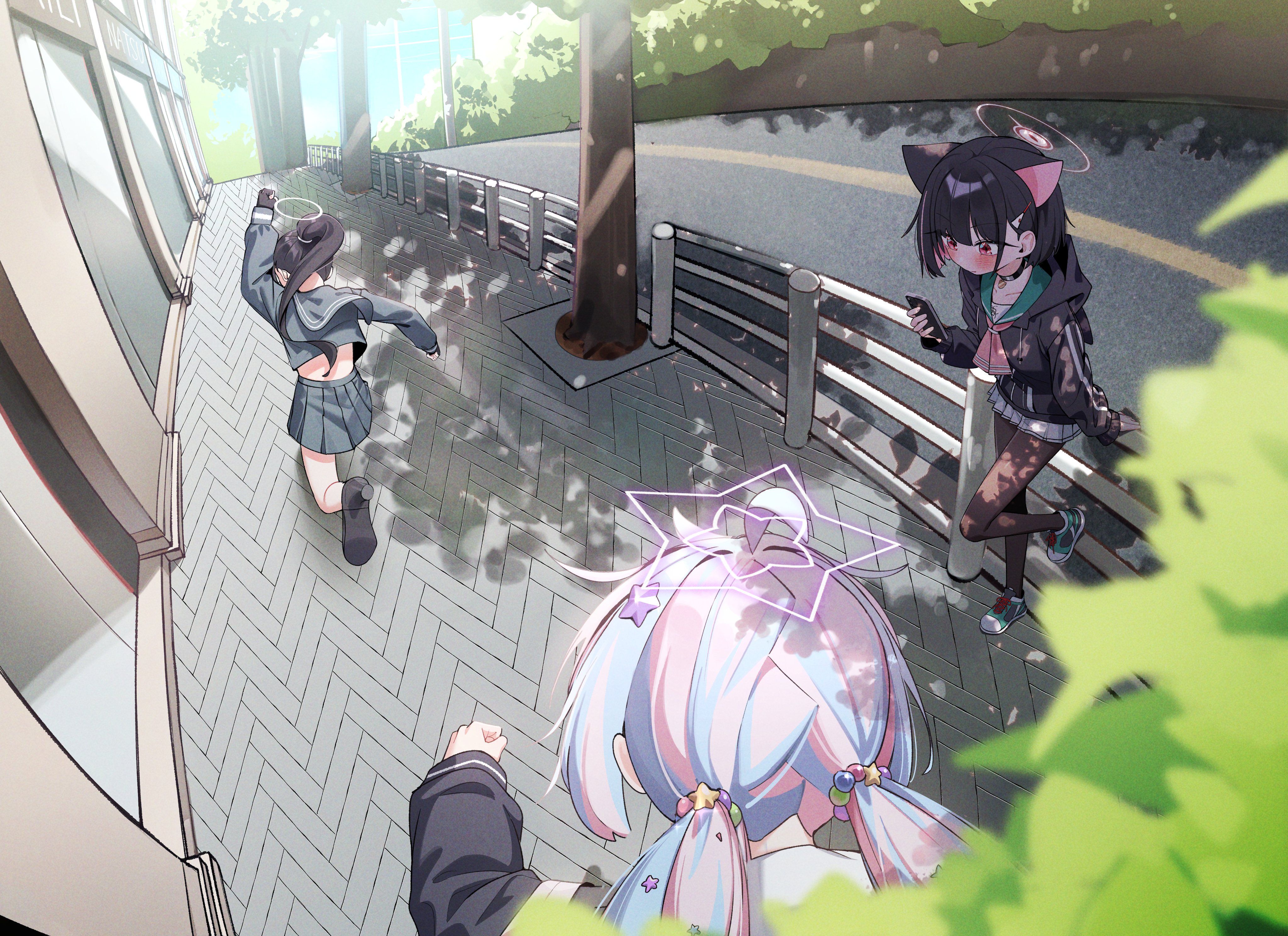 whonyang, kazusa (blue archive), reisa (blue archive), sukeban (smg) (blue archive), blue archive, absurdres, highres, 3girls, against railing, animal ears, beads, black hair, bloom, blue hair, blush, building, cat ears, cellphone, chasing, collar, colored inner hair, fisheye, glass door, gloves, hair beads, hair ornament, hair tie, hairpin, halo, high heels, hood, hoodie, jacket, leaf, low twintails, multicolored hair, multiple girls, pantyhose, phone, pink streaks, pleated skirt, ponytail, railing, red eyes, road, running, school uniform, shadow, shirt under hoodie, shoes, short hair, sidewalk, skirt, smartphone, sneakers, street, tree, twintails, two-tone hair