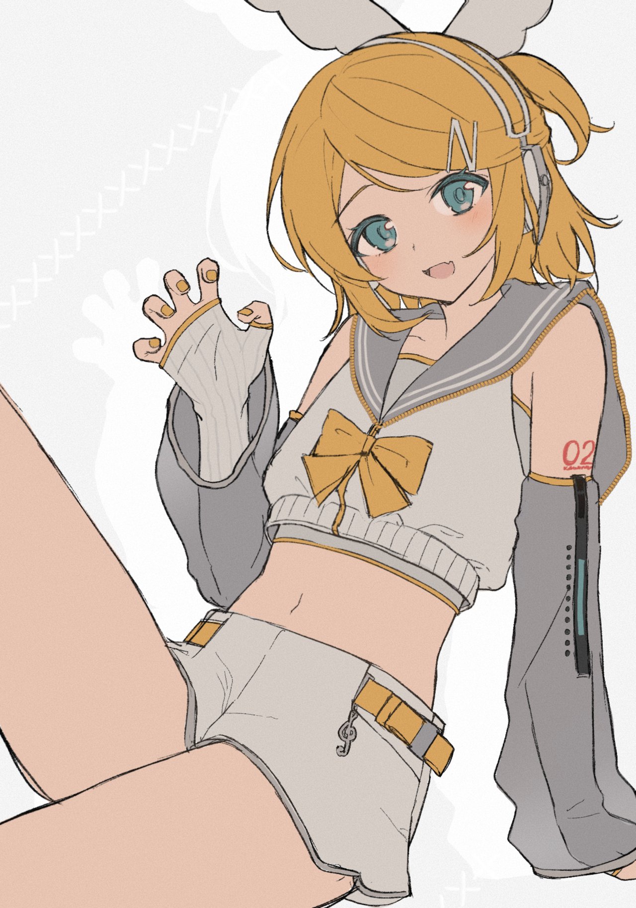 zazuzu, kagamine rin, piapro studio, vocaloid, highres, 1girl, aqua eyes, arm support, arm warmers, bare shoulders, belt, blonde hair, blue eyes, blush, bow, bowtie, claw pose, crop top, detached sleeves, fang, grey sailor collar, grey shorts, grey sleeves, hair bow, hair ornament, hairclip, head tilt, headphones, headset, kagamine rin (nt), looking at viewer, midriff, nail polish, navel, number tattoo, open mouth, ponytail, sailor collar, shirt, short hair, short ponytail, short shorts, shorts, shoulder tattoo, sitting, skin fang, sleeveless, sleeveless shirt, smile, solo, swept bangs, tattoo, white background, white bow, white shirt, white shorts, yellow nails