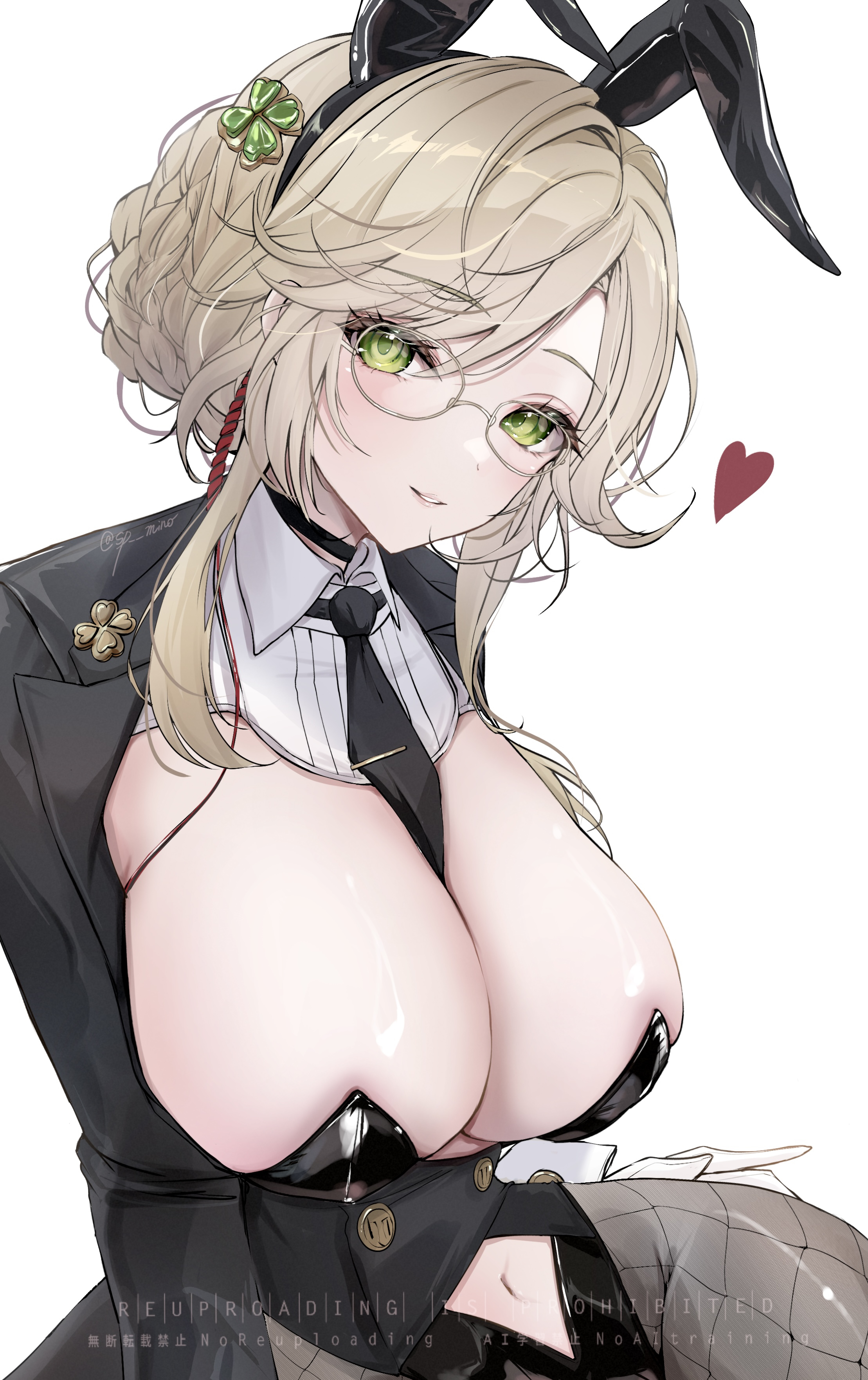 ade (agent bunny) (nikke), ade (nikke), goddess of victory: nikke, absurdres, commentary request, highres, 1girl, animal ears, between breasts, black choker, black jacket, black leotard, black necktie, blonde hair, braid, breasts, bun with braided base, choker, cleavage, clothing cutout, clover hair ornament, cowboy shot, crop top, fake animal ears, fishnet pantyhose, fishnets, four-leaf clover hair ornament, glasses, gloves, green eyes, hair between eyes, hair bun, hair ornament, heart, jacket, large breasts, leotard, long sleeves, looking at viewer, navel, navel cutout, necktie, necktie between breasts, official alternate costume, pantyhose, parted lips, playboy bunny, rabbit ears, shirt, sidelocks, simple background, single hair bun, sitting, smile, solo, tokujou mino, undersized breast cup, watermark, white background, white gloves, white shirt, wrist cuffs, yokozuwari