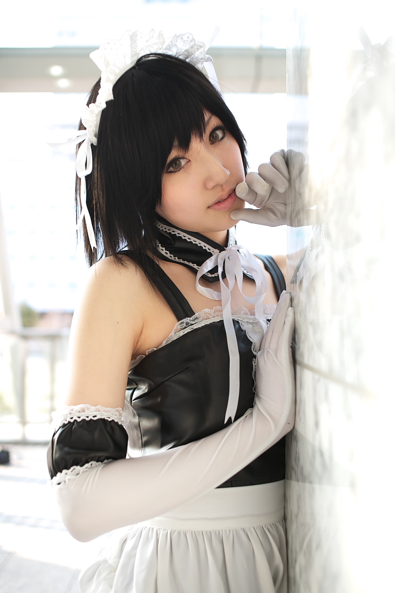 saya (cosplayer), sawatari izumi, kore ga watashi no goshujin-sama, highres, photo (medium), 1girl, apron, asian, bare shoulders, black hair, blurry, cosplay, day, depth of field, detached collar, elbow gloves, facing viewer, female focus, gloves, japanese (nationality), looking at viewer, maid, maid apron, maid headdress, nakabayashi yoshitaka's maid uniform, sawatari izumi (cosplay), short hair, solo, upper body, waist apron, white apron, white gloves, window