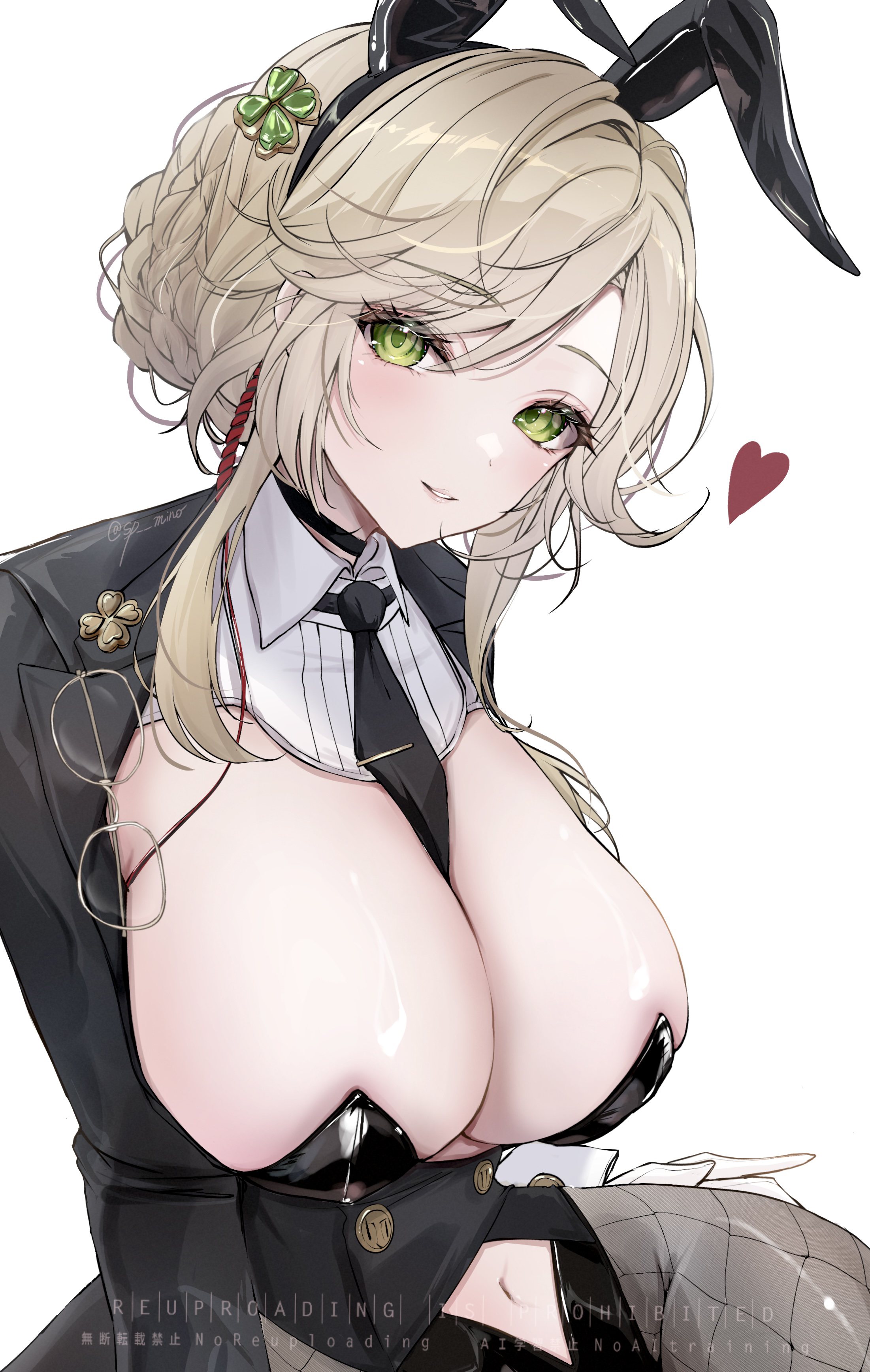 ade (agent bunny) (nikke), ade (nikke), goddess of victory: nikke, absurdres, commentary request, highres, 1girl, animal ears, between breasts, black choker, black jacket, black leotard, black necktie, blonde hair, braid, breasts, bun with braided base, choker, cleavage, clothing cutout, clover hair ornament, cowboy shot, crop top, fake animal ears, fishnet pantyhose, fishnets, four-leaf clover hair ornament, glasses, gloves, green eyes, hair between eyes, hair bun, hair ornament, heart, jacket, large breasts, leotard, long sleeves, looking at viewer, navel, navel cutout, necktie, necktie between breasts, official alternate costume, pantyhose, parted lips, playboy bunny, rabbit ears, shirt, sidelocks, simple background, single hair bun, sitting, smile, solo, tokujou mino, undersized breast cup, unworn eyewear, watermark, white background, white gloves, white shirt, wrist cuffs, yokozuwari