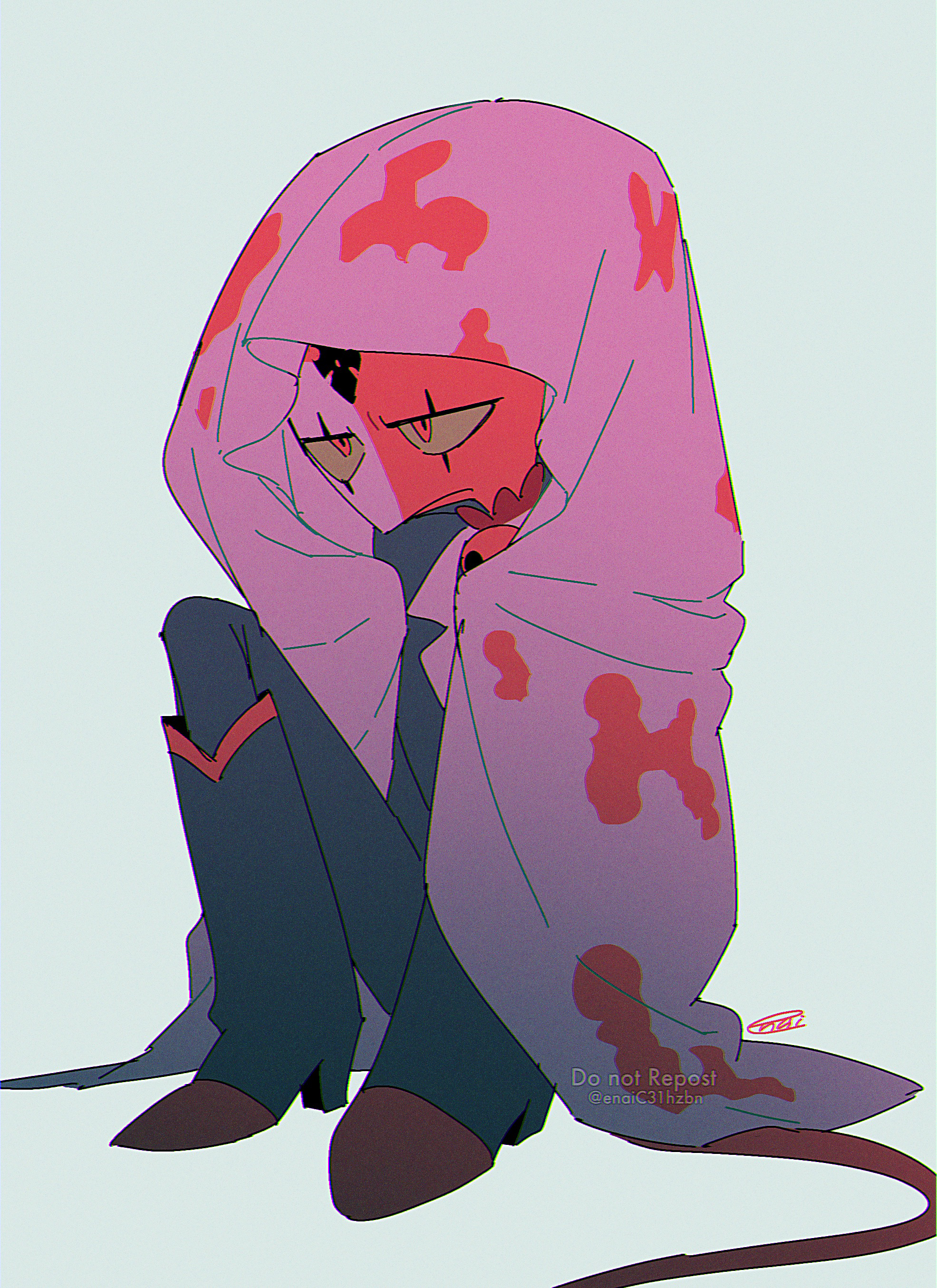 menma (enaic31), blitzo (helluva boss), hellaverse, helluva boss, absurdres, commentary request, highres, 1boy, black boots, black jacket, black pants, blanket, boots, chromatic aberration, closed mouth, colored sclera, colored skin, demon boy, demon tail, film grain, frown, full body, grey background, high heel boots, high heels, holding, holding blanket, jacket, jitome, knee boots, knees up, lapels, looking ahead, male focus, multicolored boots, notched lapels, pants, red boots, red eyes, red skin, red tail, scar across eyes, signature, simple background, sitting, solo, tail, twitter username, two-tone boots, under covers, watermark, yellow sclera