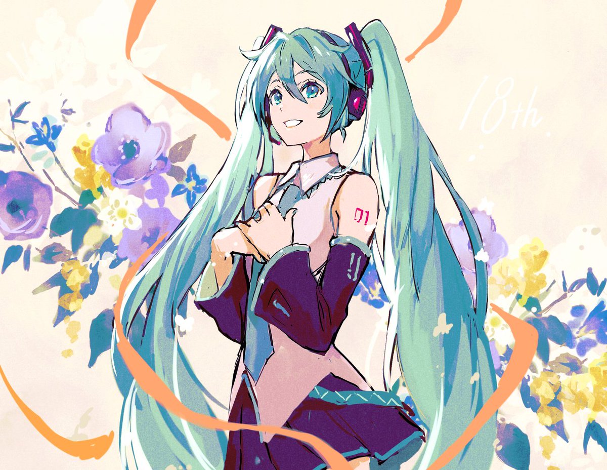 kashimaori, hatsune miku, vocaloid, 1girl, aqua eyes, aqua hair, aqua necktie, bare shoulders, black skirt, black sleeves, blue flower, blue hair, blue necktie, collared shirt, cowboy shot, detached sleeves, floral background, flower, grey shirt, hair between eyes, hands on own chest, headphones, headset, long hair, looking at viewer, necktie, number tattoo, orange flower, pleated skirt, purple flower, ribbon, shirt, skirt, sleeveless, sleeveless shirt, smile, solo, tattoo, twintails, very long hair, white shirt, yellow flower