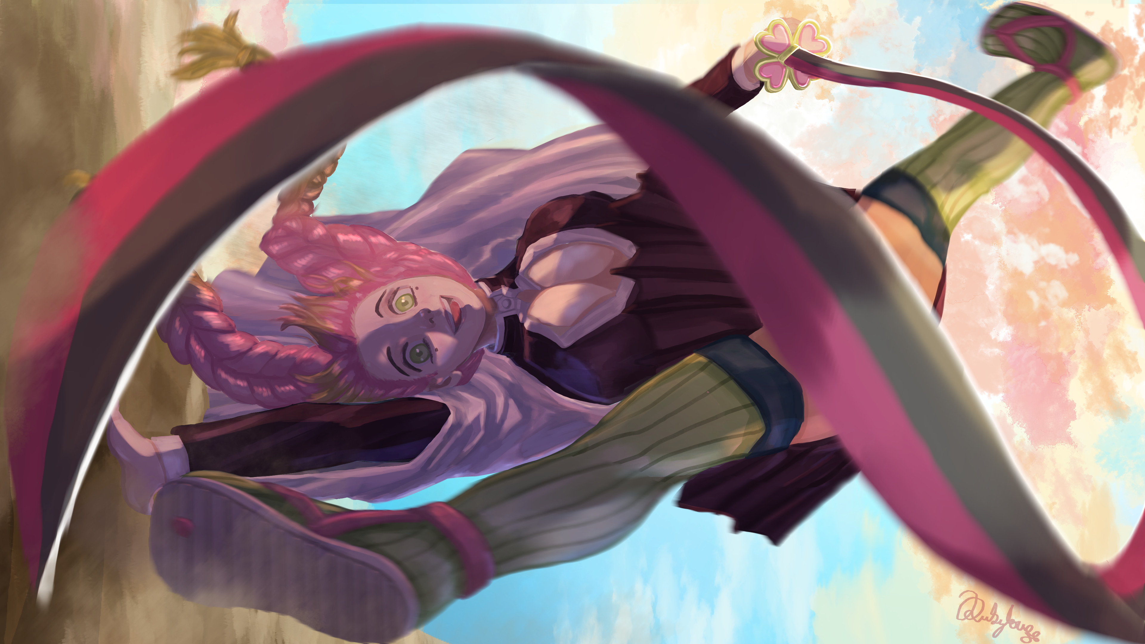 kanroji mitsuri, kimetsu no yaiba, green highlights, absurdres, highres, 1girl, breasts, convenient censoring, dubylou draws, green eyes, handstand, holding, holding sword, holding weapon, pink hair, skirt, smile, sword, weapon
