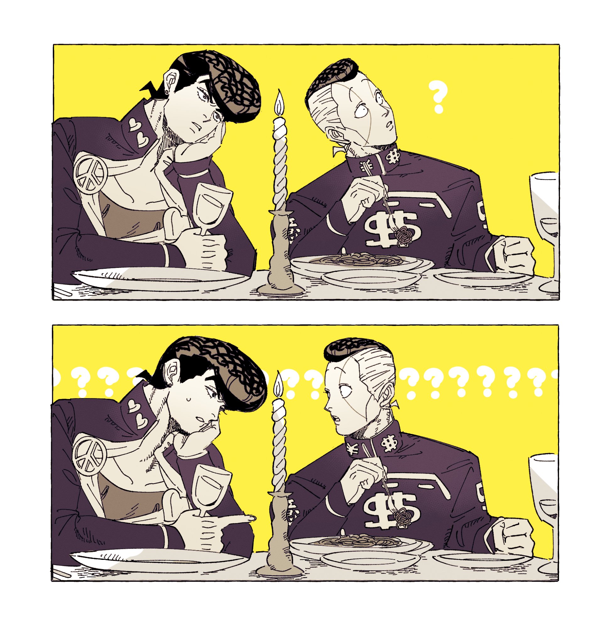 tirauraja, higashikata josuke, nijimura okuyasu, diamond wa kudakenai, jojo no kimyou na bouken, commentary, highres, symbol-only commentary, 2boys, ?, brooch, candle, candlestand, collared jacket, cup, dollar sign, drinking glass, elbow on table, facial mark, fire, food, fork, gakuran, hand on own face, head rest, head tilt, heart, holding, holding cup, holding fork, holding utensil, jacket, jewelry, long sleeves, looking to the side, male focus, multicolored hair, multiple boys, open collar, parted lips, peace symbol, plate, pompadour, popped collar, school uniform, short hair, sideways glance, sitting, table, thick eyebrows, two-tone hair, utensil, wine glass, yellow background, yen sign