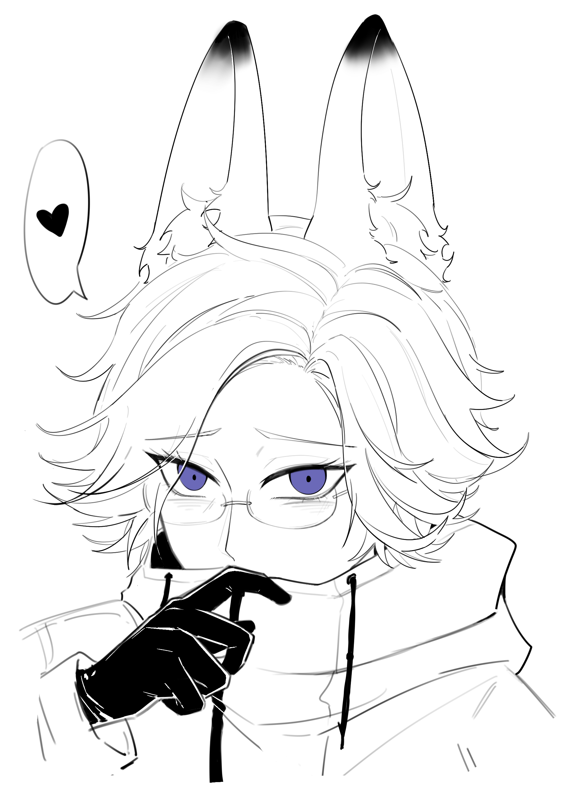 aotsuki eito, the hundred line -last defense academy-, absurdres, chinese commentary, commentary request, highres, variant set, 1boy, animal ears, covered mouth, glasses, gloves, hand up, heart, jacket, kemonomimi mode, looking at viewer, male focus, monochrome, purple eyes, rabbit boy, rabbit ears, short hair, solo, spoken heart, spot color, xinjinjumin848106847319
