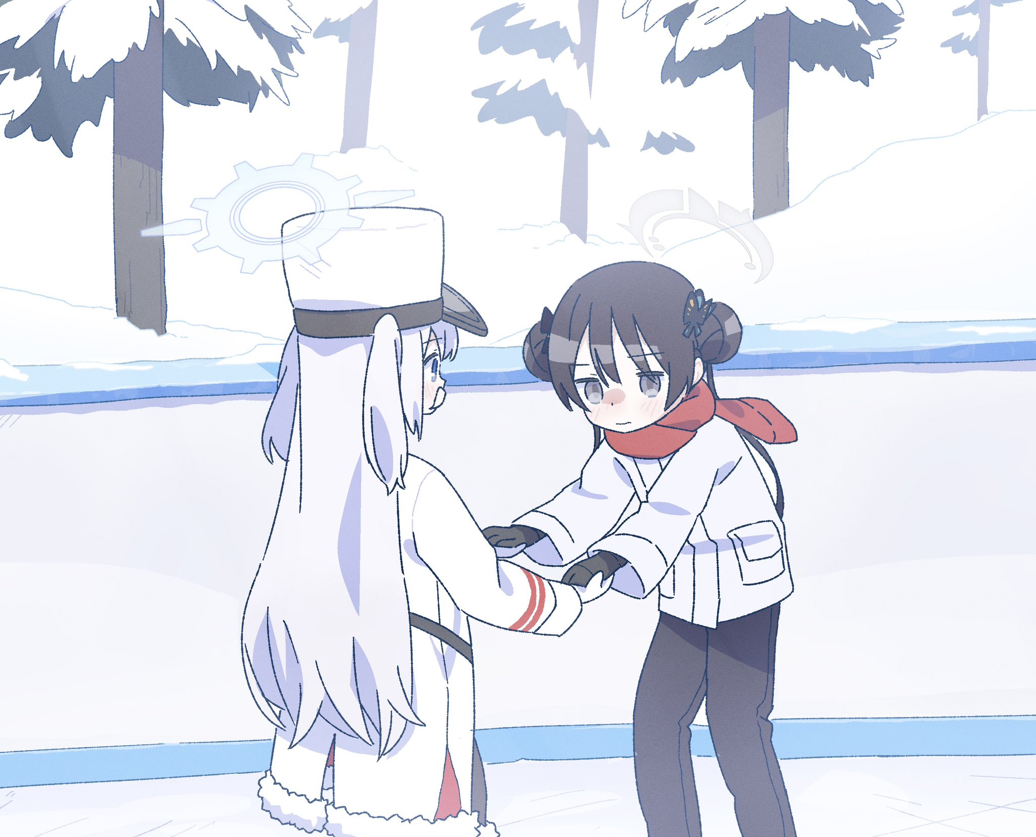 shimotsu., cherino (blue archive), kisaki (blue archive), blue archive, highres, 2girls, alternate costume, black gloves, black hair, black pants, blush, butterfly hair ornament, closed mouth, coat, double bun, fake facial hair, fake mustache, gloves, hair between eyes, hair bun, hair ornament, halo, hat, holding hands, ice skating, jacket, long sleeves, multiple girls, pants, red scarf, scarf, skating, snow, tree, twintails, two side up, white coat, white gloves, white hair, white hat, white jacket