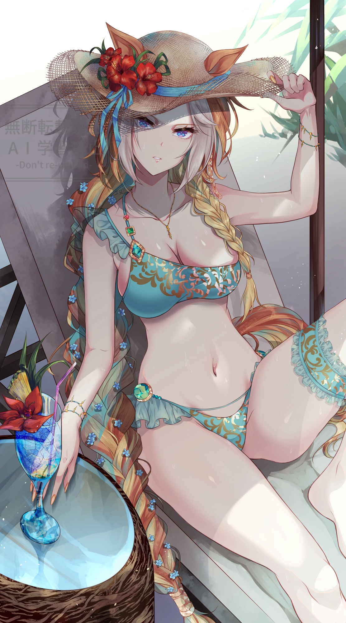 yue (lov n n), orfevre (umamusume), umamusume, highres, 1girl, animal ears, bare arms, bare legs, barefoot, bikini, blue bikini, blue eyes, breasts, cleavage, closed mouth, forehead, grey hair, hair over shoulder, hat, horse ears, horse girl, horse tail, large breasts, long braid, long hair, looking at viewer, multicolored hair, navel, orange hair, parted lips, sitting, solo, stomach, sun hat, swimsuit, tail, two-tone hair