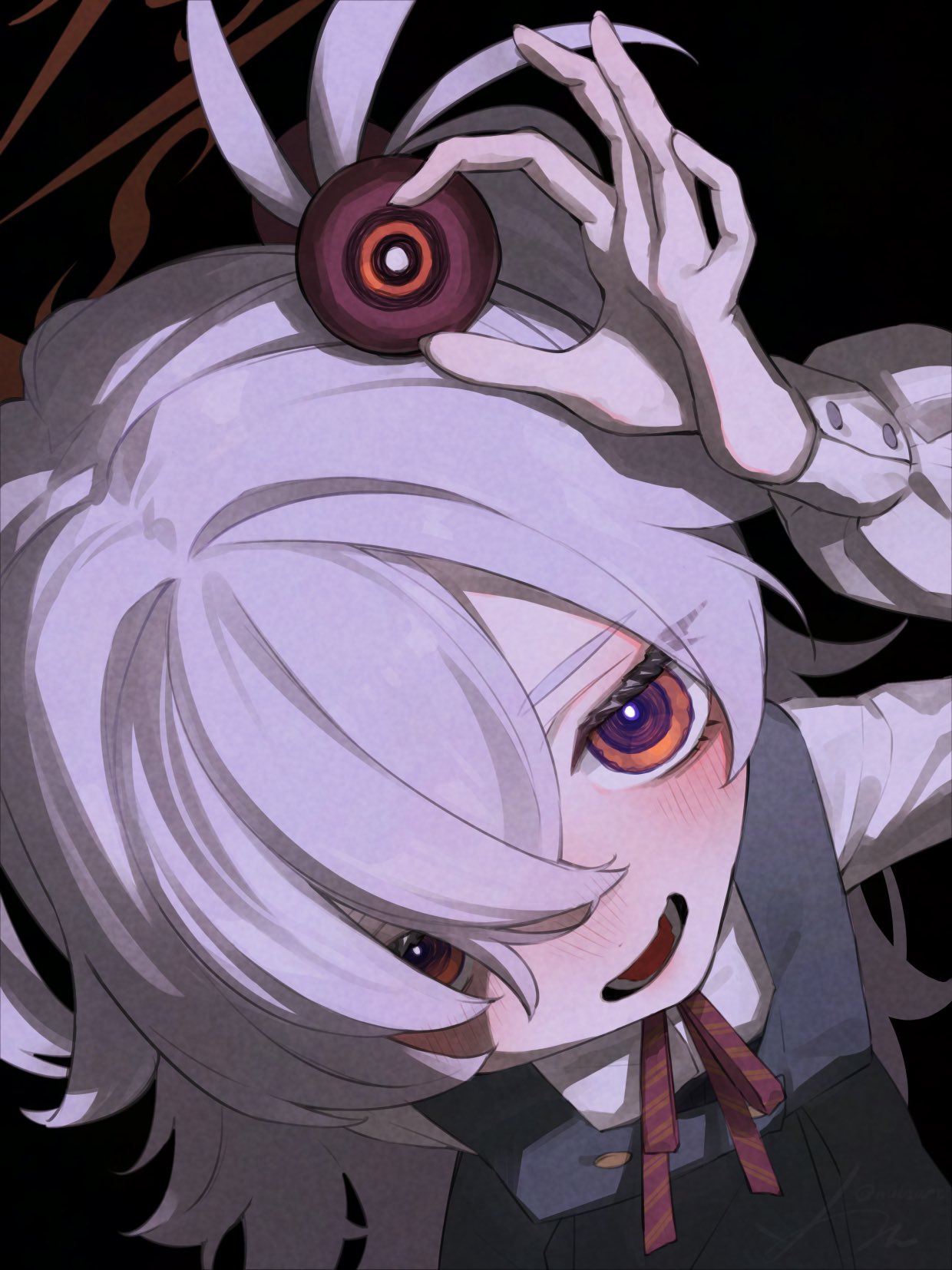 nule3309, kanoe (blue archive), blue archive, highres, 1girl, arm up, black background, blush, collared shirt, dress, grey hair, hair over one eye, holding, long hair, long sleeves, looking at viewer, neck ribbon, open mouth, pinafore dress, red eyes, red ribbon, ribbon, shirt, simple background, sleeveless, sleeveless dress, smile, solo, white hair, white shirt