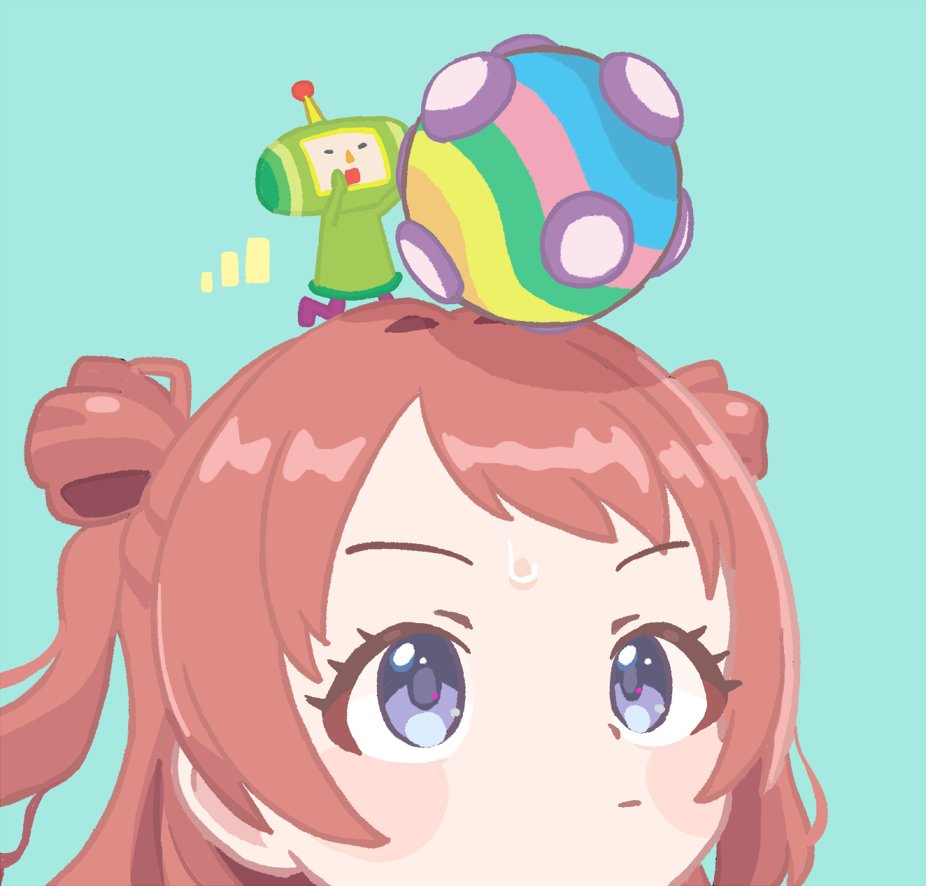 sault93726525, hanami saki, the prince (katamari damacy), gakuen idolmaster, idolmaster, katamari damacy, 1girl, animal, animal on head, aqua background, blue background, blue eyes, blush stickers, brown hair, closed mouth, katamari, long hair, looking up, on head, portrait, simple background, sweat, two side up