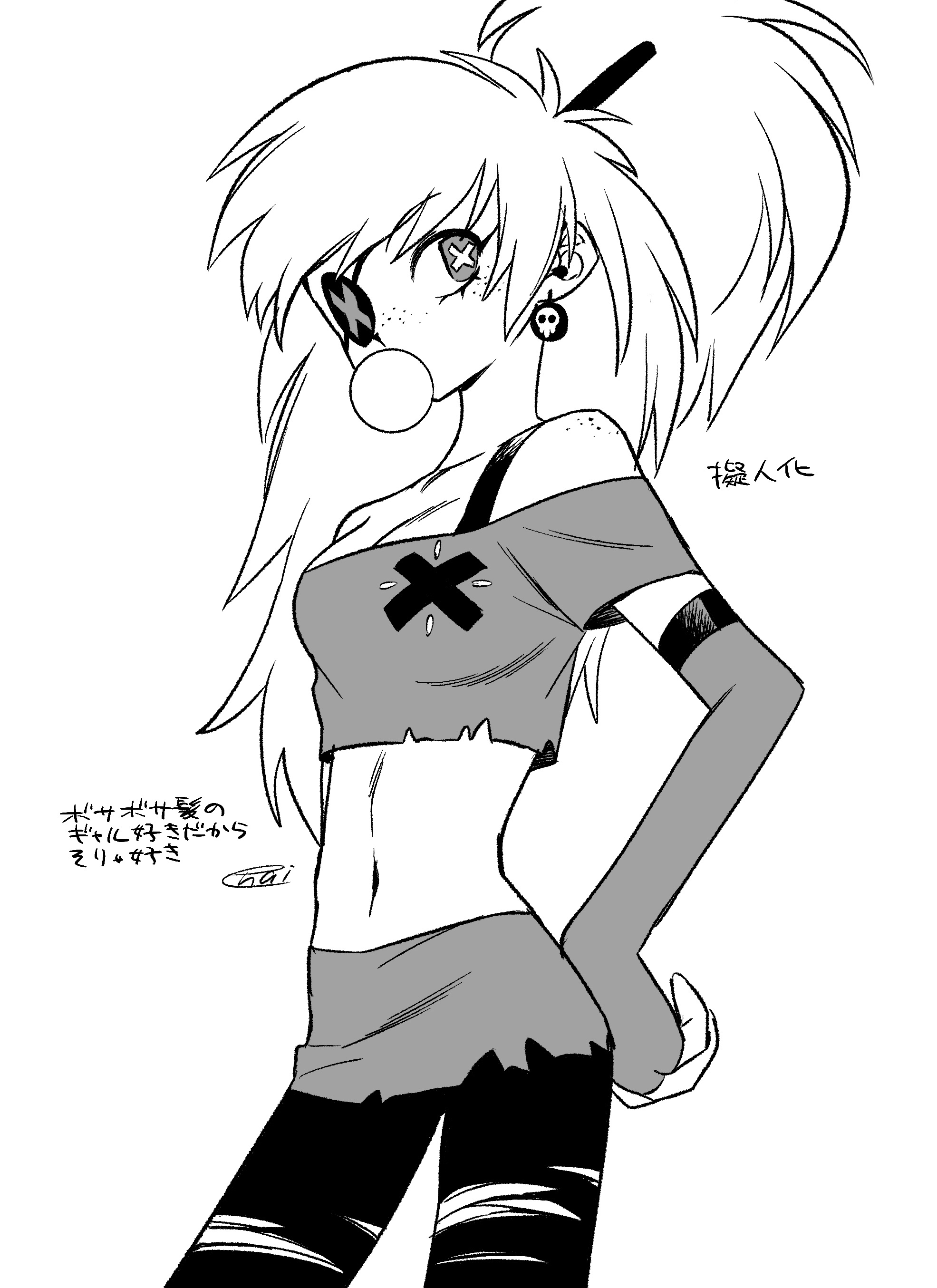menma (enaic31), cherri bomb, hazbin hotel, hellaverse, absurdres, commentary request, highres, translation request, 1girl, arm at side, bare shoulders, blowing bubble gum, body freckles, bra strap, breasts, bright pupils, bubble, chewing gum, cleavage, cowboy shot, crop top, cropped shirt, earrings, elbow gloves, eyepatch, fewer digits, fingerless gloves, freckles, from below, gloves, greyscale, hand on own hip, hatching (texture), high ponytail, jewelry, long hair, looking at viewer, messy hair, microskirt, midriff, monochrome, navel, off-shoulder shirt, off shoulder, one eye covered, pants, ponytail, shirt, short sleeves, shoulder freckles, sideways glance, signature, simple background, skinny, skirt, skull earrings, small breasts, solo, standing, swept bangs, symbol-shaped pupils, torn clothes, torn pants, very long hair, white background, x-shaped pupils