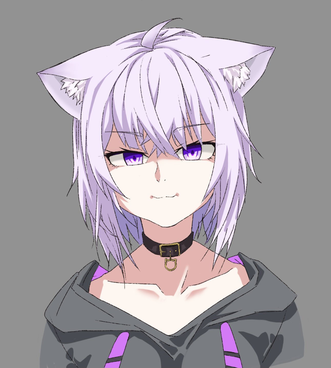 vividnatadecoco, nekomata okayu, nekomata okayu (1st costume), hololive, commentary request, highres, 1girl, ahoge, animal ear fluff, animal ears, black collar, cat ears, closed mouth, collar, collarbone, drawstring, grey background, grey hoodie, hood, hood down, hoodie, looking at viewer, purple eyes, purple hair, simple background, solo, upper body, virtual youtuber