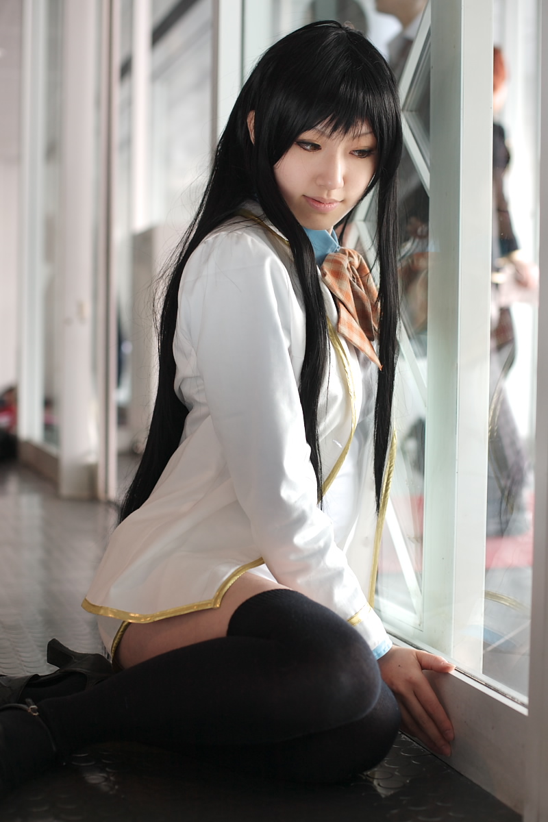 saya (cosplayer), nanto yaya, strawberry panic!, highres, photo (medium), blazer, blouse, bow, cosplay, jacket, miniskirt, school uniform, shirt, skirt, thighhighs