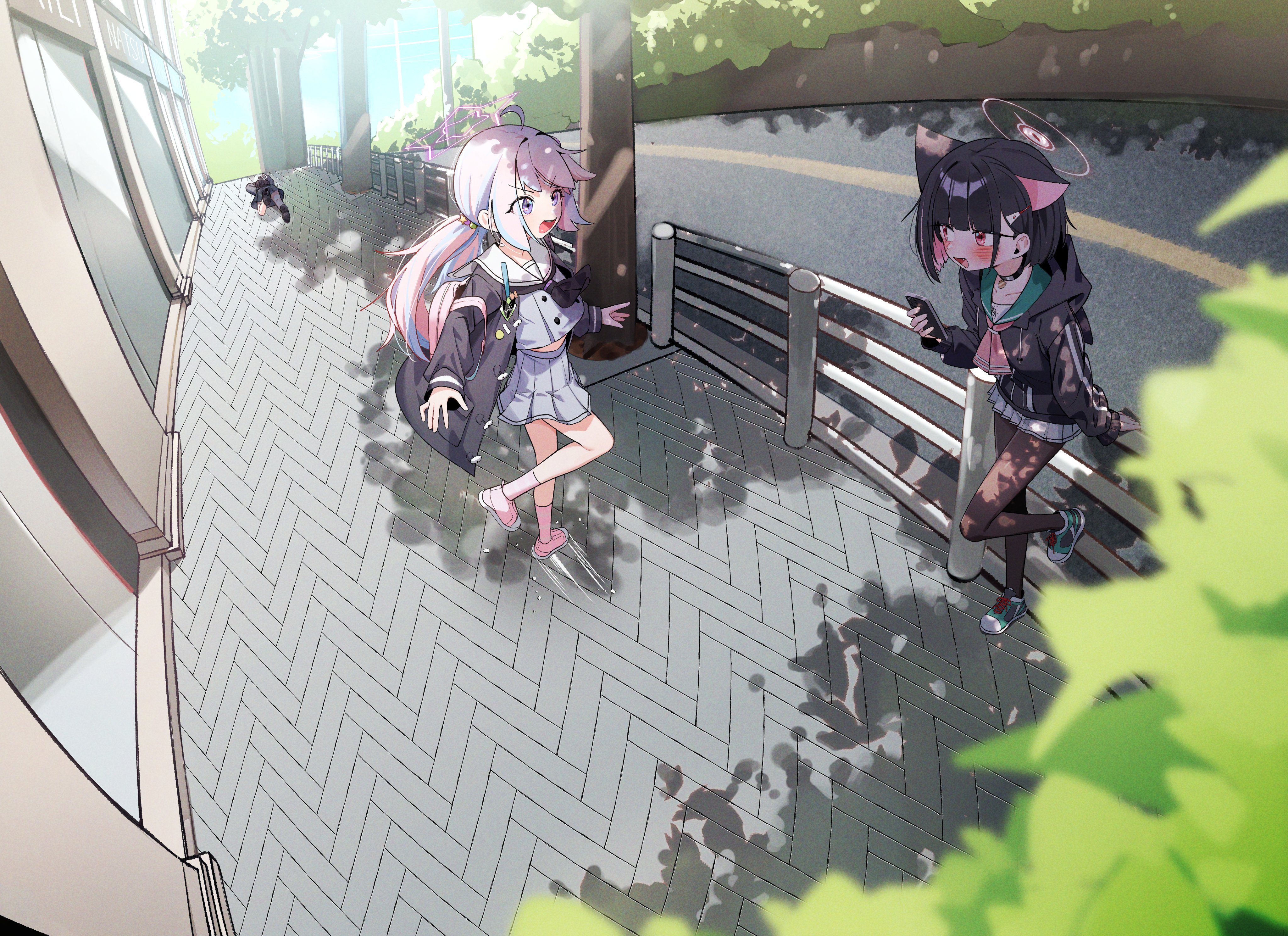 whonyang, kazusa (blue archive), reisa (blue archive), sukeban (smg) (blue archive), blue archive, absurdres, highres, 3girls, against railing, animal ears, backpack, bag, beads, black hair, bloom, blue hair, blush, building, cat ears, cellphone, collar, colored inner hair, faceplant, fang, fisheye, glass door, gloves, hair beads, hair ornament, hair tie, hairpin, halo, high heels, hood, hoodie, jacket, leaf, low twintails, motion lines, multicolored hair, multiple girls, pantyhose, phone, pink streaks, pleated skirt, ponytail, railing, red eyes, road, running, school uniform, shadow, shirt under hoodie, shoes, short hair, sidewalk, skirt, smartphone, smile, sneakers, street, teeth, tree, tripping, twintails, two-tone hair, upper teeth only