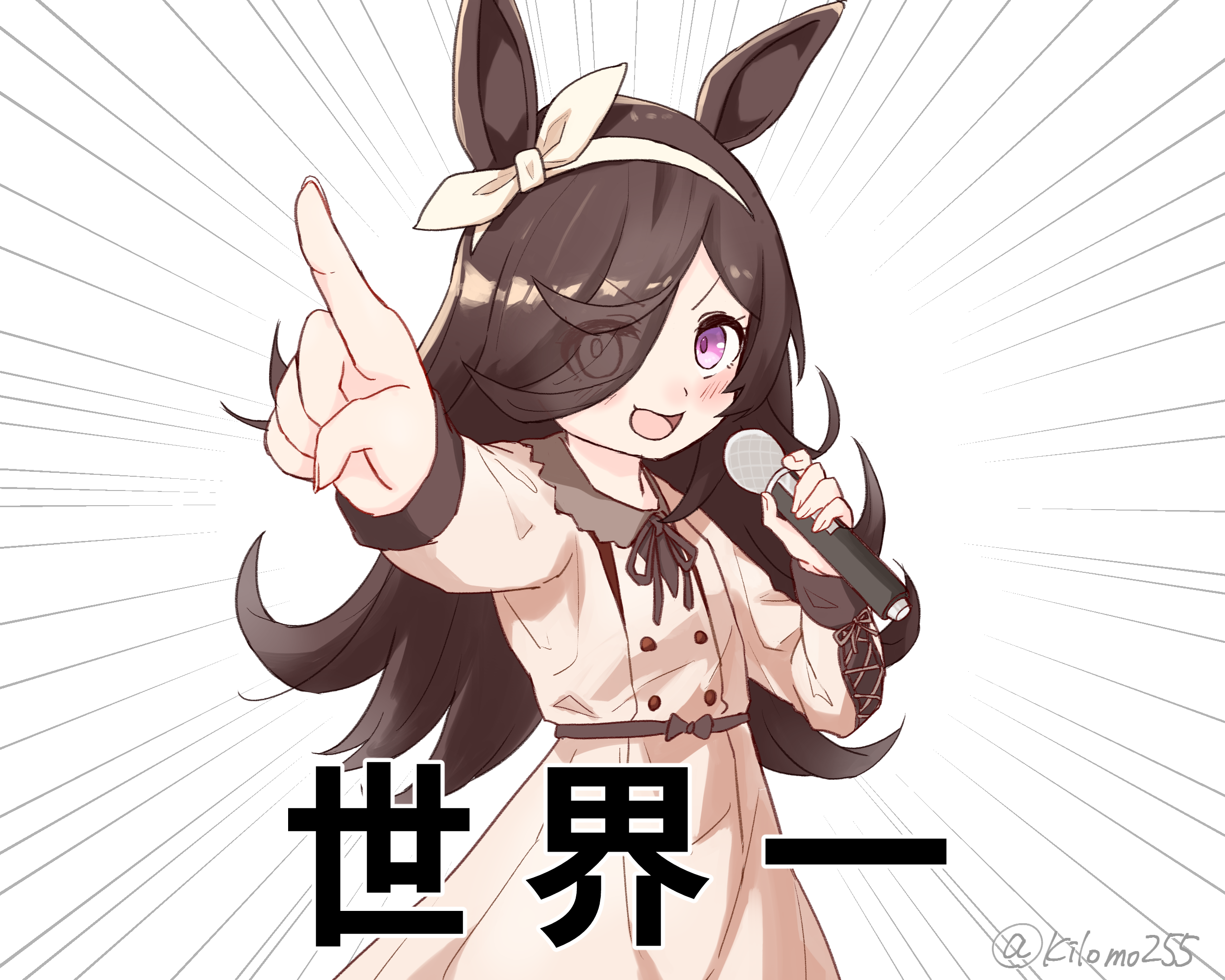 kilomo255, rice shower (umamusume), umamusume, commentary request, highres, translated, 1girl, animal ears, blush, bow hairband, brown dress, brown hair, casual, collared dress, dress, emphasis lines, eyes visible through hair, flipped hair, hair over one eye, hairband, horse ears, horse girl, long hair, long sleeves, looking at viewer, music, neck ribbon, official alternate costume, open mouth, outstretched arm, pointing, pointing at viewer, purple eyes, ribbon, simple background, singing, smile, solo, twitter username, upper body, v-shaped eyebrows, white background