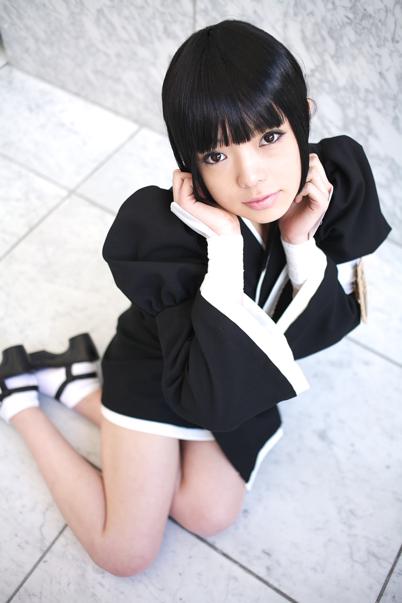 namada, kurotsuchi nemu, bleach, black footwear, white legwear, highres, photo (medium), 1girl, asian, black hair, black kimono, blunt bangs, breasts, cosplay, eyeshadow, female focus, indoors, japanese clothes, kimono, looking at viewer, makeup, on floor, puffy sleeves, short kimono, sitting, small breasts, solo, wide sleeves, yokozuwari