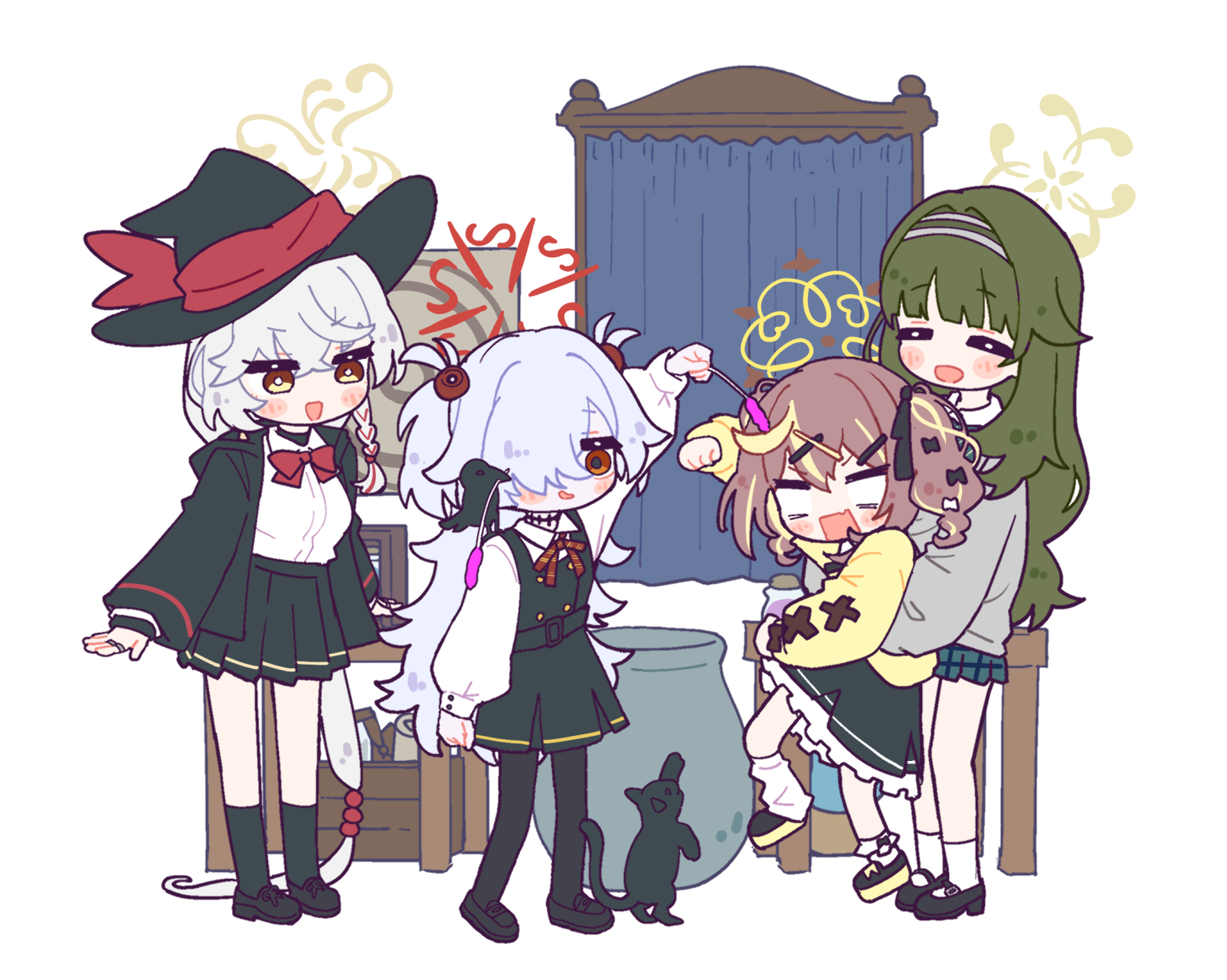 morotake, eri (blue archive), kanoe (blue archive), rena (blue archive), tsumugi (blue archive), blue archive, commentary, highres, symbol-only commentary, 4girls, animal, animal on shoulder, beads, bird, bird on shoulder, black cat, black dress, black jacket, black ribbon, black skirt, black socks, blonde hair, blush, braid, brown hair, cat, cauldron, chibi, chibi only, closed eyes, dress, green hair, hair beads, hair ornament, hair over one eye, hair ribbon, hairband, hairclip, halo, hat, jacket, long hair, long sleeves, multicolored hair, multiple girls, open mouth, pantyhose, pinafore dress, ribbon, shirt, side braid, skirt, sleeveless, sleeveless dress, socks, streaked hair, very long hair, white hair, white shirt, witch hat