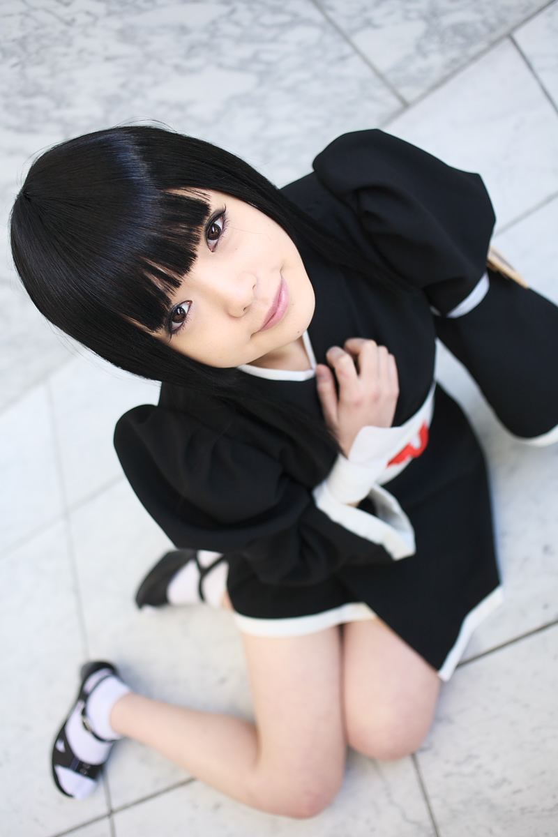 namada, kurotsuchi nemu, bleach, black footwear, white legwear, highres, photo (medium), 1girl, arm support, asian, black hair, black kimono, blunt bangs, blurry, breasts, brown eyes, cosplay, depth of field, dutch angle, eyeshadow, female focus, from above, indoors, japanese clothes, kimono, light smile, looking at viewer, makeup, mascara, on floor, puffy sleeves, short kimono, sitting, small breasts, solo, tabi, tile floor, tiles, wide sleeves, yokozuwari