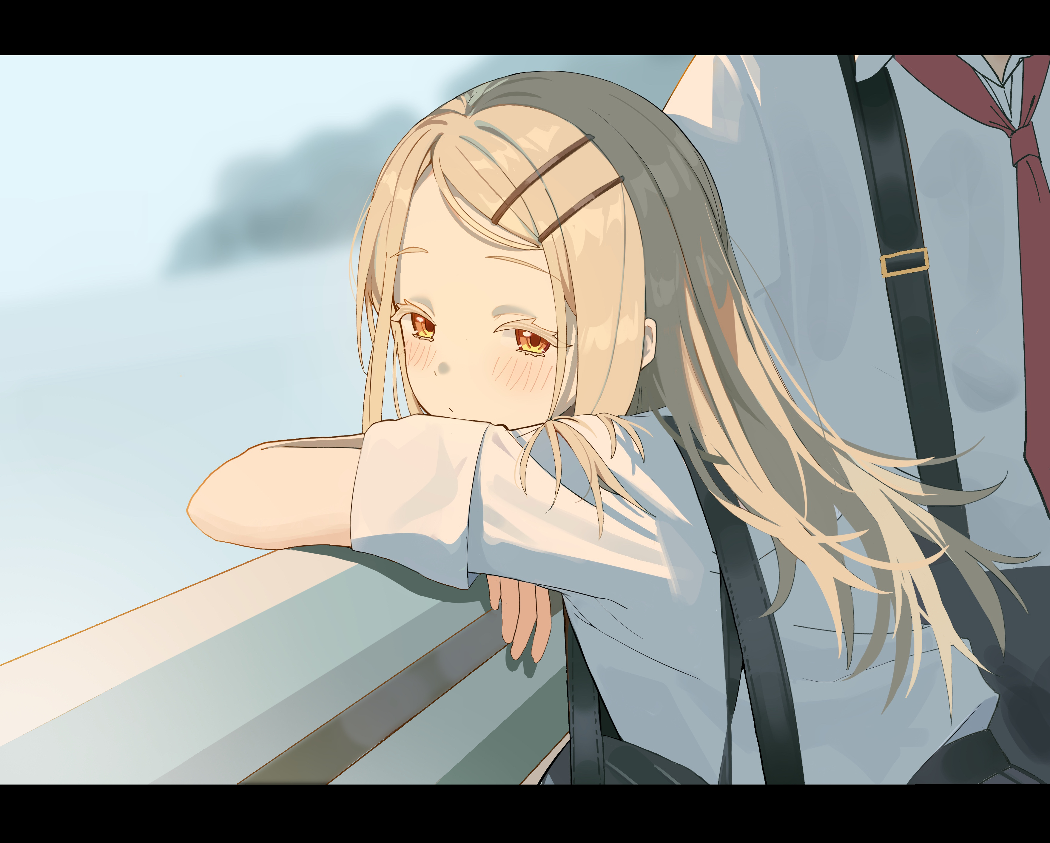 aweqdre, shinosawa hiro, gakuen idolmaster, idolmaster, absurdres, highres, 1boy, 1girl, bag, blonde hair, blurry, blurry background, blush, closed mouth, hair ornament, hairclip, letterboxed, long hair, looking at viewer, necktie, outdoors, railing, red necktie, school uniform, shirt, short sleeves, sitting, skirt, suspender skirt, suspenders, upper body, white shirt, yellow eyes