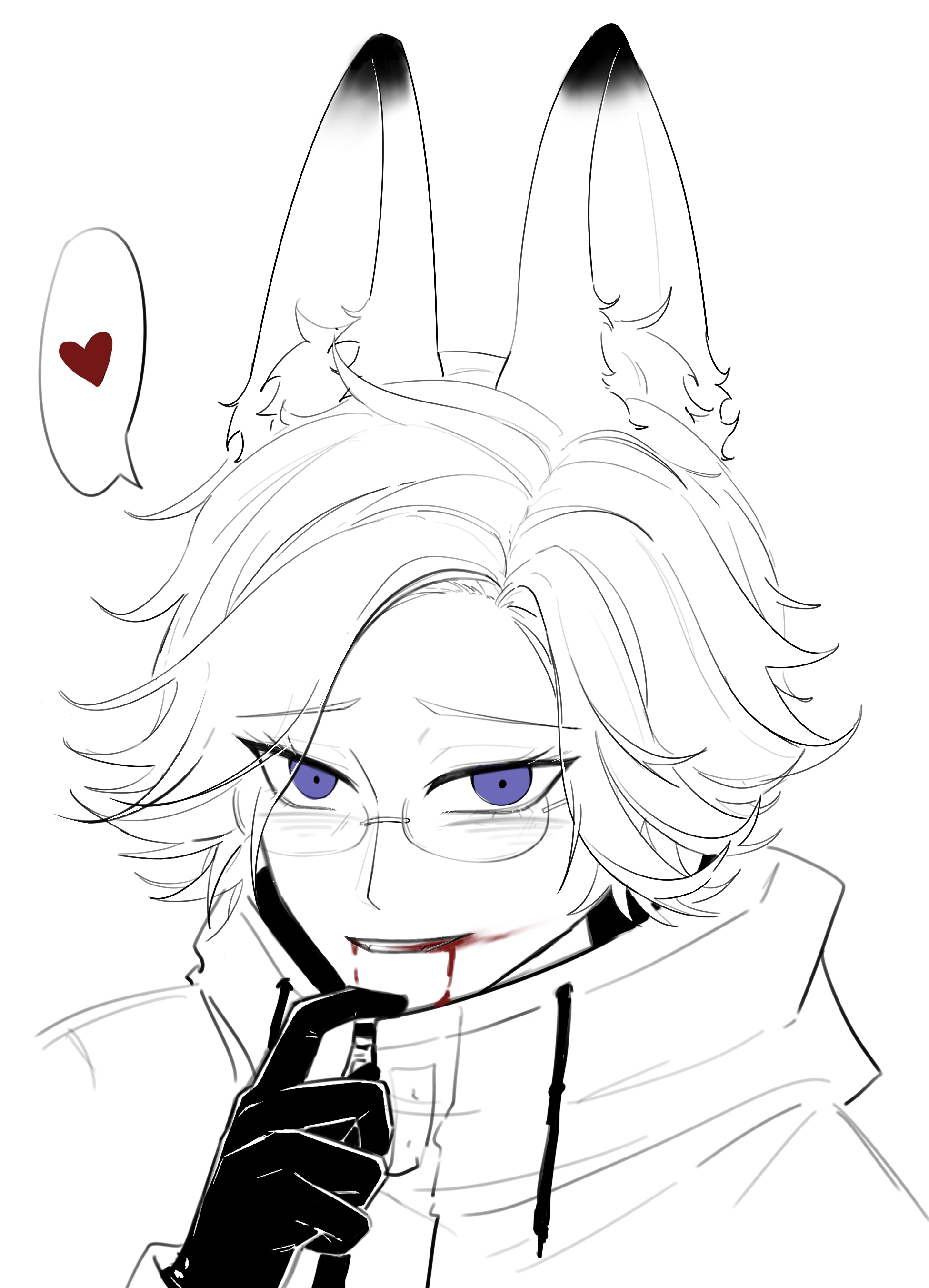 aotsuki eito, the hundred line -last defense academy-, absurdres, chinese commentary, commentary request, highres, variant set, 1boy, animal ears, blood, blood from mouth, blood on face, clothes tug, covered mouth, glasses, gloves, grin, hand up, heart, jacket, kemonomimi mode, looking at viewer, male focus, monochrome, purple eyes, rabbit boy, rabbit ears, short hair, smile, solo, spoken heart, spot color, teeth, xinjinjumin848106847319