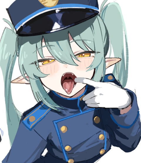 rotroto, nozomi (blue archive), blue archive, 1girl, blue jacket, blush, finger in own mouth, gloves, hair between eyes, half-closed eyes, hat, jacket, long hair, long sleeves, looking at viewer, mouth pull, open mouth, oral invitation, pointy ears, simple background, solo, teeth, tongue, tongue out, twintails, upper body, white background, white gloves, yellow eyes