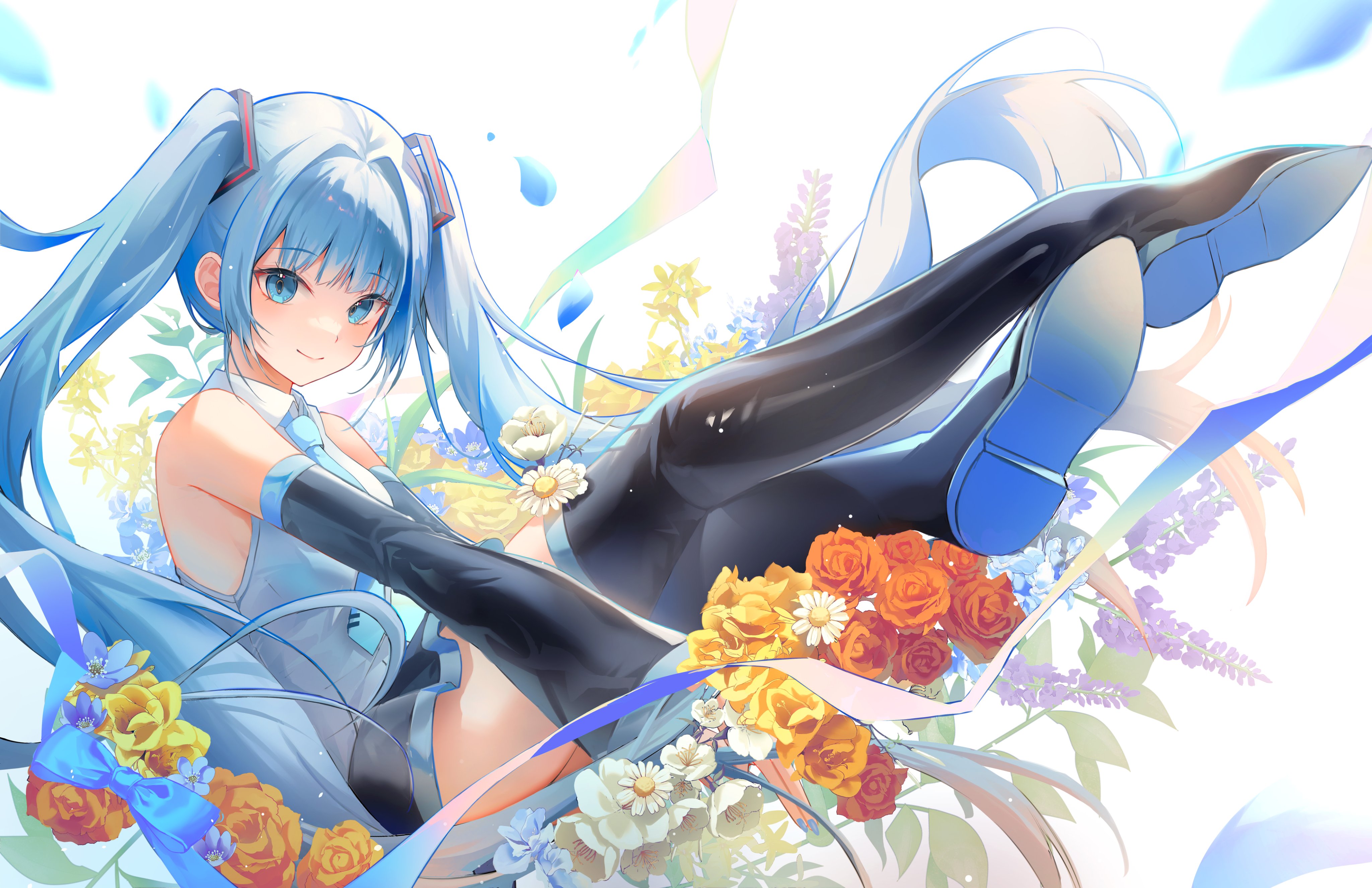samyang art, hatsune miku, vocaloid, absurdres, highres, 1girl, bare shoulders, black skirt, black sleeves, black thighhighs, blue eyes, blue hair, blue necktie, boots, bouquet, closed mouth, collared shirt, detached sleeves, floating hair, flower, full body, grey shirt, hair ornament, holding, holding bouquet, long hair, looking at viewer, miniskirt, necktie, orange flower, petals, pleated skirt, red flower, red rose, rose, shirt, skirt, sleeveless, sleeveless shirt, smile, solo, thigh boots, thighhighs, twintails, very long hair, white background, white flower, yellow flower, yellow rose