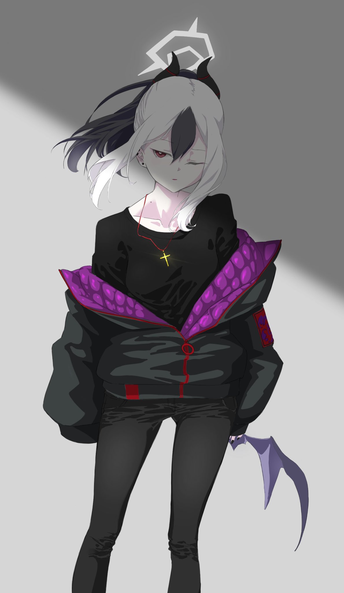 vividnatadecoco, kayoko (blue archive), blue archive, commentary, highres, 1girl, black hair, black jacket, black pants, black shirt, closed mouth, collarbone, cross, ear piercing, earrings, feet out of frame, halo, horns, jacket, jewelry, latin cross, long sleeves, low wings, multicolored hair, off shoulder, one eye closed, pants, piercing, puffy long sleeves, puffy sleeves, purple wings, red eyes, shirt, single wing, sleeves past fingers, sleeves past wrists, solo, standing, stud earrings, two-tone hair, white hair, wings